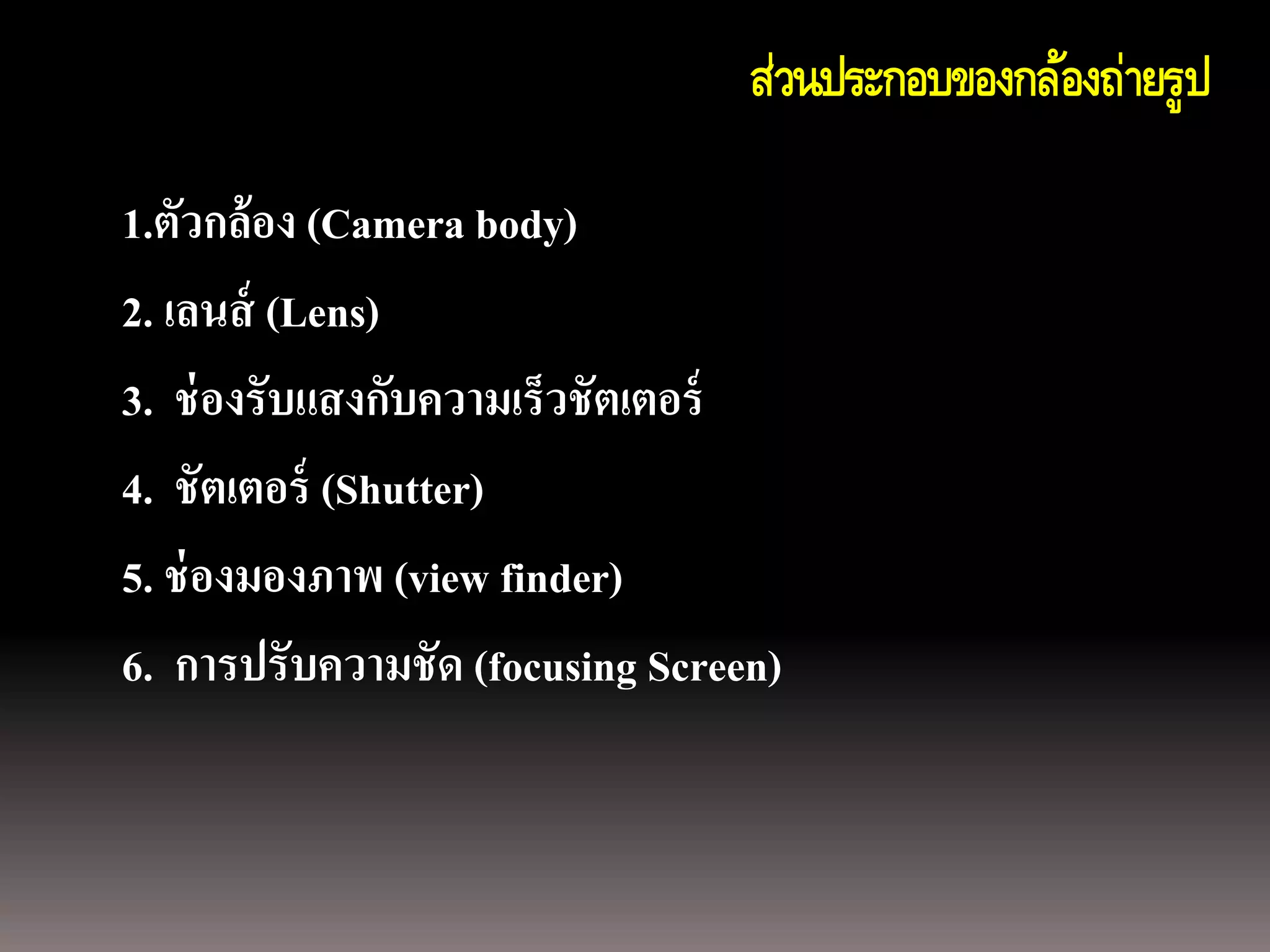ส่วนประกอบของกล้องถ่ายรูป

1.ตัวกล้อง (Camera body)
2. เลนส์ (Lens)
3. ช่ องรับแสงกับความเร็วชัตเตอร์
4. ชัตเตอร์ (Shutter)
5. ช่ องมองภาพ (view finder)
6. การปรับความชัด (focusing Screen)
 