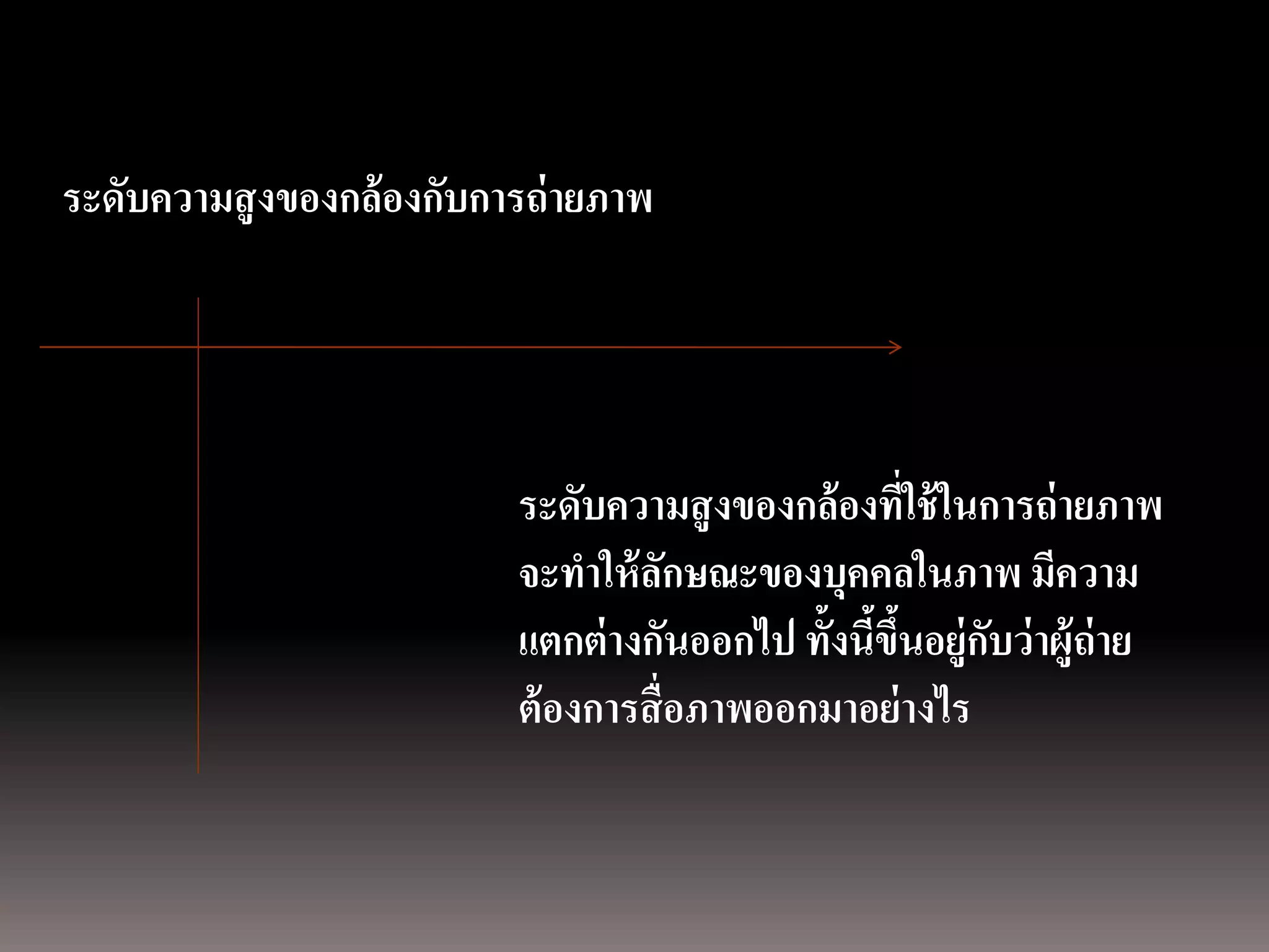 การถ่ ายภาพนิ่ง
ด้ วยกล้องภาพนิ่งดิจิตอล
  ระดับความสู งของกล้องกับการถ่ ายภาพ




                             ระดับความสู งของกล้องที่ใช้ ในการถ่ ายภาพ
                             จะทาให้ ลกษณะของบุคคลในภาพ มีความ
                                         ั
                             แตกต่ างกันออกไป ทั้งนีขึนอยู่กบว่ าผู้ถ่าย
                                                    ้ ้     ั
                             ต้ องการสื่ อภาพออกมาอย่างไร
 