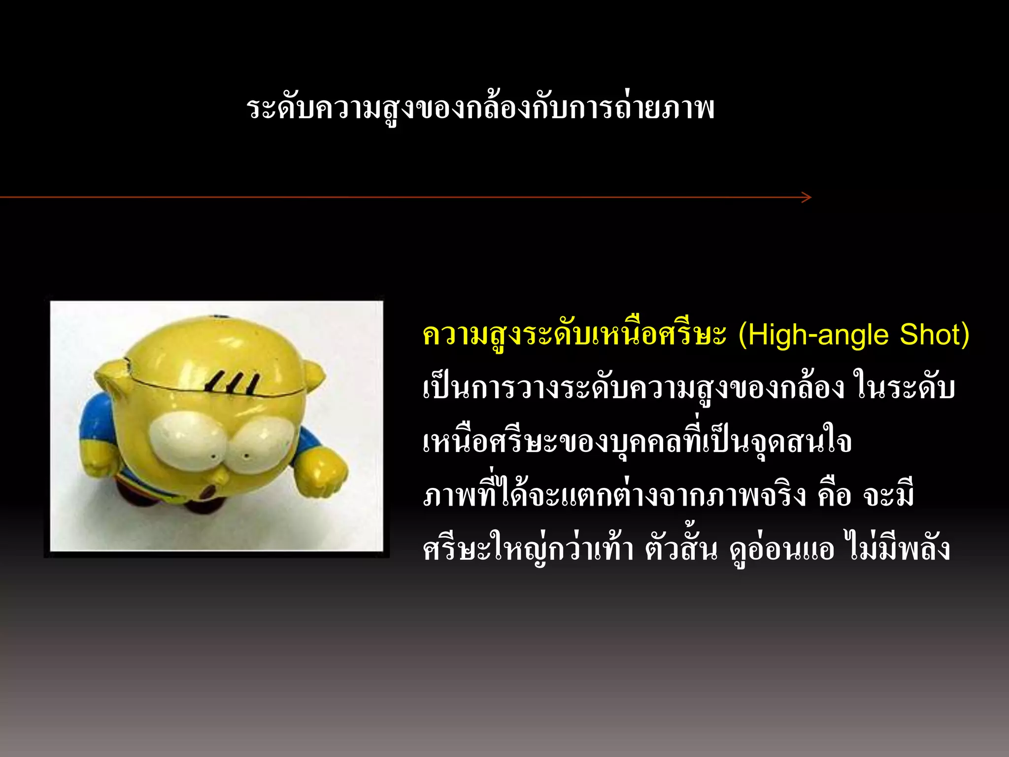 การถ่ ายภาพนิ่ง
ด้ วยกล้องภาพนิ่งระดัิตอล งของกล้องกับการถ่ ายภาพ
                 ดิจ บความสู



                            ความสู งระดับเหนือศรีษะ (High-angle Shot)
                            เป็ นการวางระดับความสู งของกล้อง ในระดับ
                            เหนือศรีษะของบุคคลทีเ่ ป็ นจุดสนใจ
                            ภาพที่ได้ จะแตกต่ างจากภาพจริง คือ จะมี
                            ศรีษะใหญ่ กว่าเท้ า ตัวสั้ น ดูอ่อนแอ ไม่ มีพลัง
 