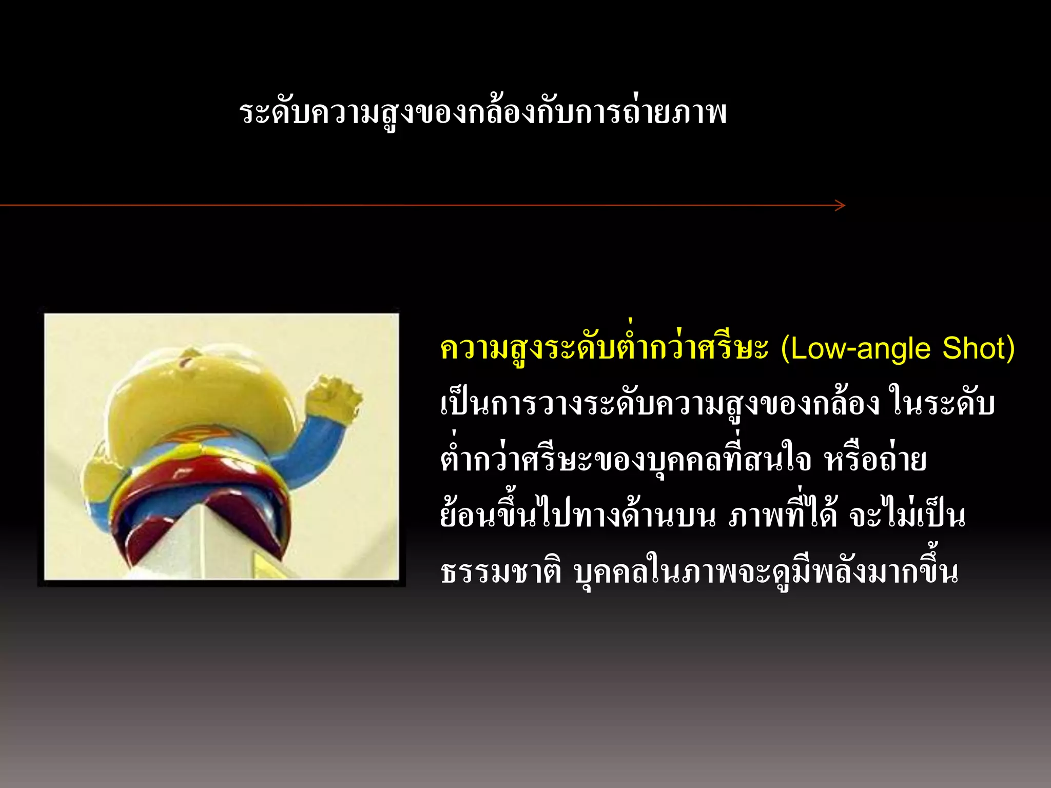 การถ่ ายภาพนิ่ง
ด้ วยกล้องภาพนิระดับความสู งของกล้องกับการถ่ ายภาพ
                ่งดิจิตอล



                             ความสู งระดับต่ากว่ าศรีษะ (Low-angle Shot)
                             เป็ นการวางระดับความสู งของกล้อง ในระดับ
                             ต่ากว่ าศรีษะของบุคคลที่สนใจ หรือถ่ าย
                             ย้ อนขึนไปทางด้ านบน ภาพที่ได้ จะไม่ เป็ น
                                     ้
                             ธรรมชาติ บุคคลในภาพจะดูมีพลังมากขึน    ้
 