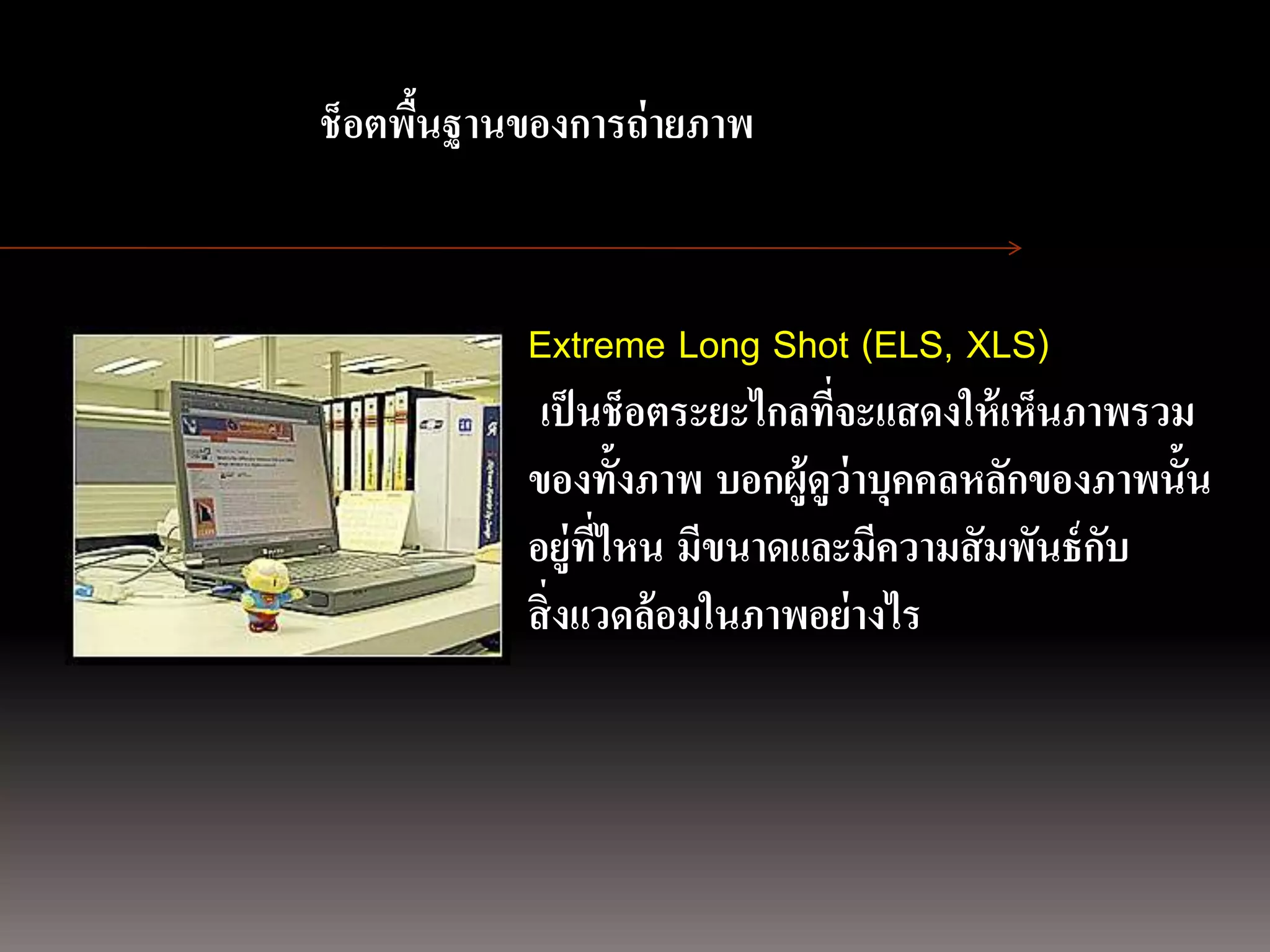 การถ่ ายภาพนิ่ง
ด้ วยกล้องภาพนิ่งดิจิตอล ฐานของการถ่ายภาพ
                 ช็อตพืน
                       ้


                            Extreme Long Shot (ELS, XLS)
                             เป็ นช็อตระยะไกลที่จะแสดงให้ เห็นภาพรวม
                            ของทั้งภาพ บอกผู้ดูว่าบุคคลหลักของภาพนั้น
                            อยู่ที่ไหน มีขนาดและมีความสั มพันธ์ กบ
                                                                 ั
                            สิ่ งแวดล้อมในภาพอย่างไร
 