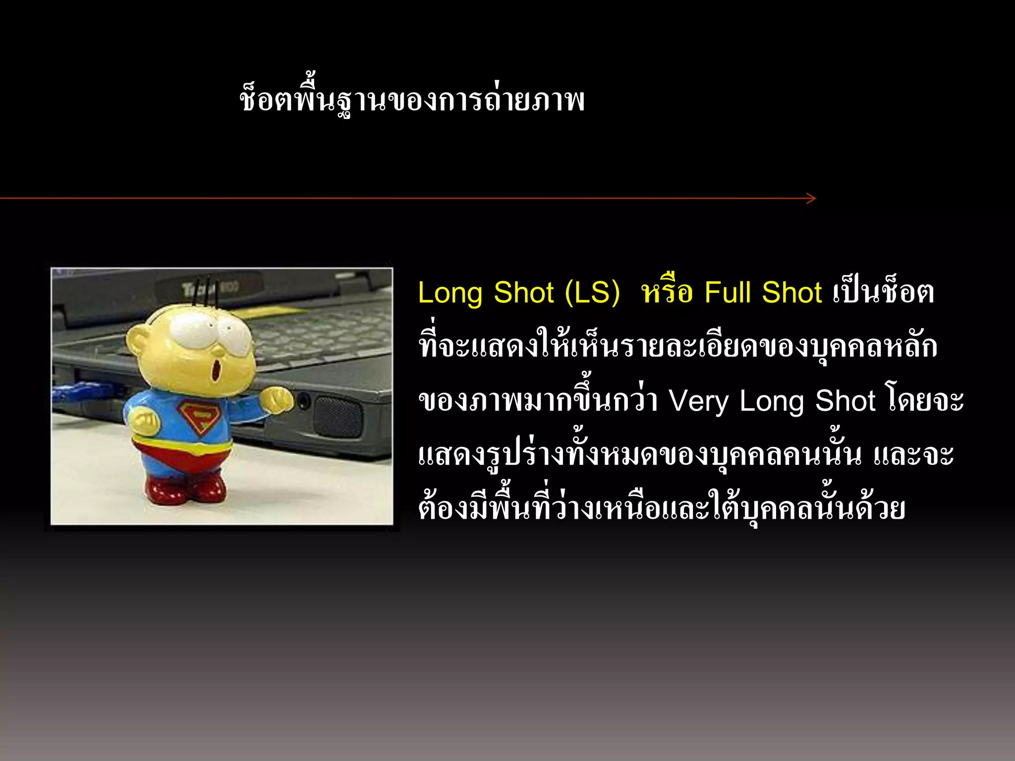 การถ่ ายภาพนิ่ง
                ช็อตพืนฐานของการถ่ ายภาพ
                      ้
ด้ วยกล้องภาพนิ่งดิจิตอล


                            Long Shot (LS) หรือ Full Shot เป็ นช็อต
                            ที่จะแสดงให้ เห็นรายละเอียดของบุคคลหลัก
                            ของภาพมากขึนกว่า Very Long Shot โดยจะ
                                            ้
                            แสดงรู ปร่ างทั้งหมดของบุคคลคนนั้น และจะ
                            ต้ องมีพนทีว่างเหนือและใต้ บุคคลนั้นด้ วย
                                    ื้ ่
 