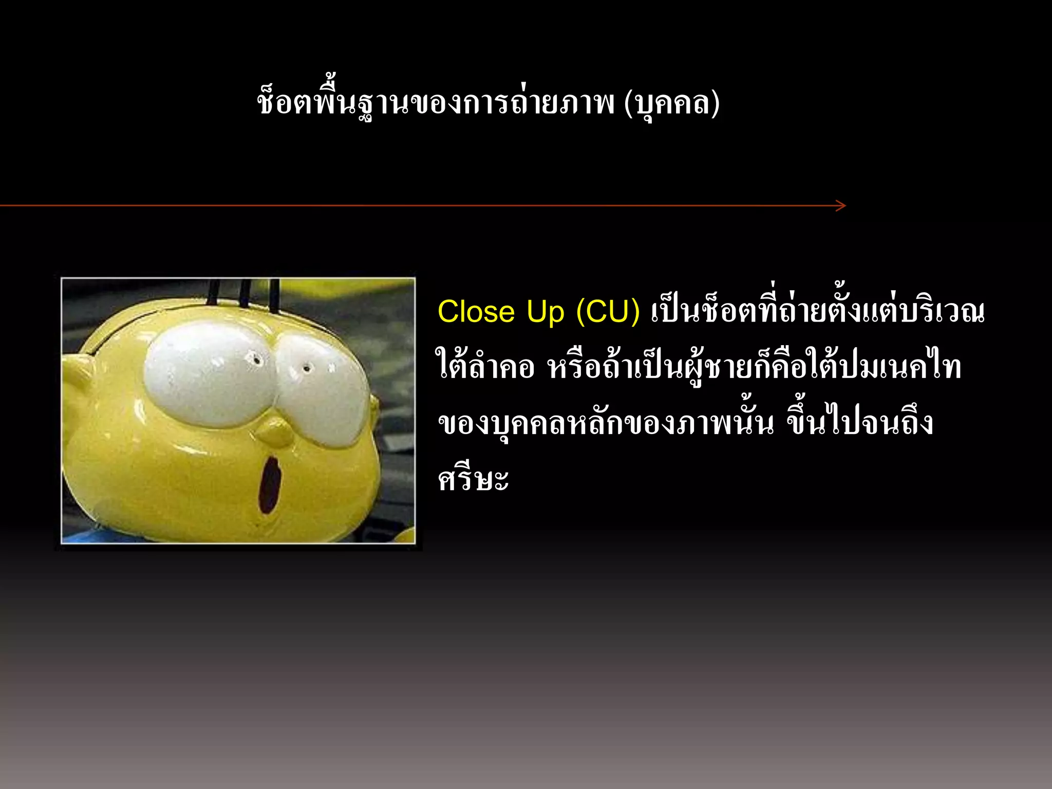 การถ่ ายภาพนิ่ง
ด้ วยกล้องภาพนิ่งช็อตพืนฐานของการถ่ายภาพ (บุคคล)
                       ้
                 ดิจิตอล


                            Close Up (CU) เป็ นช็อตที่ถ่ายตั้งแต่ บริเวณ
                            ใต้ ลาคอ หรือถ้ าเป็ นผู้ชายก็คอใต้ ปมเนคไท
                                                           ื
                            ของบุคคลหลักของภาพนั้น ขึนไปจนถึง้
                            ศรีษะ
 