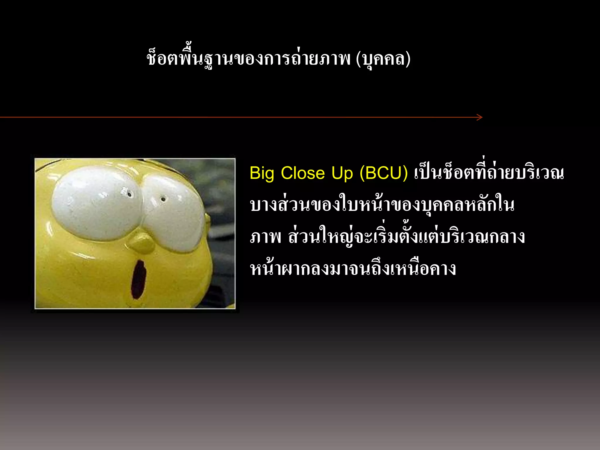 การถ่ ายภาพนิ่ง
ด้ วยกล้องภาพนิ่งช็อตพืนฐานของการถ่ายภาพ (บุคคล)
                       ้
                 ดิจิตอล


                            Big Close Up (BCU) เป็ นช็อตที่ถ่ายบริเวณ
                            บางส่ วนของใบหน้ าของบุคคลหลักใน
                            ภาพ ส่ วนใหญ่ จะเริ่มตั้งแต่ บริเวณกลาง
                            หน้ าผากลงมาจนถึงเหนือคาง
 