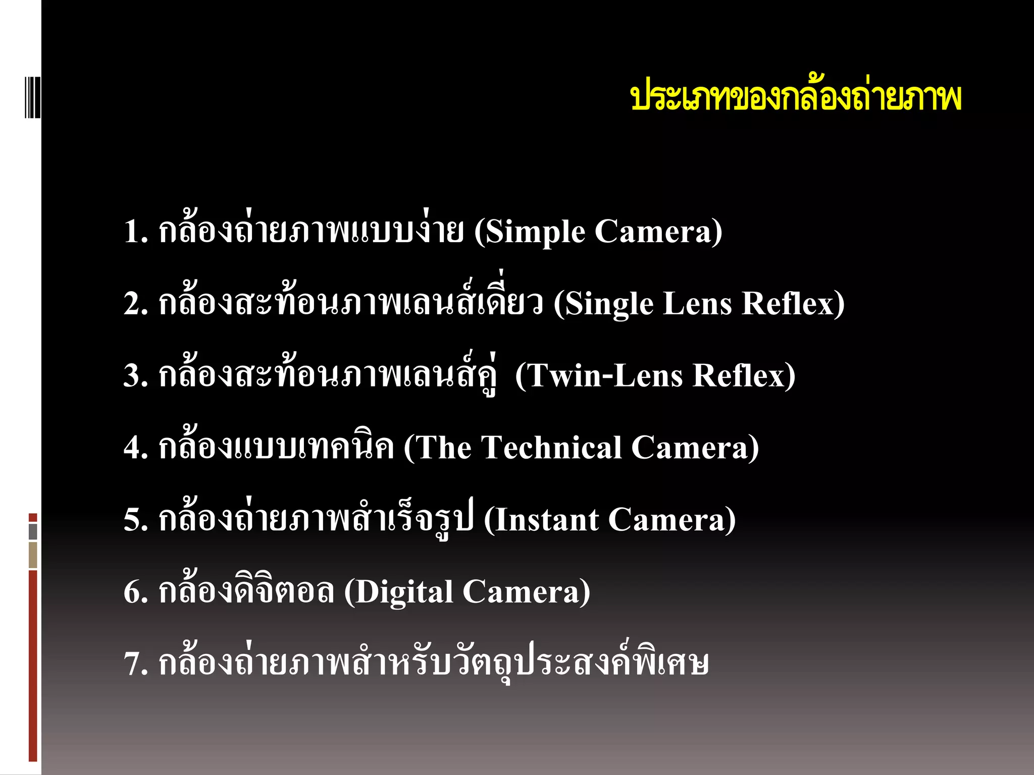 ประเภทของกล้องถ่ายภาพ

1. กล้องถ่ ายภาพแบบง่ าย (Simple Camera)
2. กล้ องสะท้ อนภาพเลนส์ เดียว (Single Lens Reflex)
                              ่
3. กล้ องสะท้ อนภาพเลนส์ คู่ (Twin-Lens Reflex)
4. กล้ องแบบเทคนิค (The Technical Camera)
5. กล้ องถ่ ายภาพสาเร็จรู ป (Instant Camera)
6. กล้ องดิจิตอล (Digital Camera)
7. กล้ องถ่ ายภาพสาหรับวัตถุประสงค์ พเิ ศษ
 