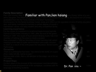 Family Description   Pan. Lien hsiang, May 28, 1956 Married, wife of the United States to teach grade Zhang; father of a son and a daughter, the eldest daughter to study in the United States Penny rhyme, the second son of Crown, graduated from the Air Force Institute of Aviation Technology.  Confucianism for the family business model, study and reflect on the operation of acts of family education axis, and family members to maintain a certain degree of social interaction, groups concerned about mainstream values; is a very modern and very competitive family.  Learning experience   For the cause of investment to small and medium-sized spindle  Partner of the timber industry in 1984, after the end of the green;  Betting in 1987, the cause of duck (export Beijing duck); has a keen interest in public affairs, the overall intention of betting on the area to create a project,  Was promoted in 1999 as Secretary of sinpi township hall, which assists rural governance, the cumulative meaning of the field of public administration and public concern.  In 2004 as a result of the enthusiasm for education; Daren teaching at the University of Science and Technology.  Ourselves  There is a philosophy has been: &quot;we came to the world, on a good business to allow a more rich life; let Zhen really rich life, not to no gain.&quot;  Highest state of life, that is, the election of the stage, out of its own way, and then enjoy its unique talent and ability.  Project Hope  Correct value of the concept of the mainstream commercialization  』『  sell out.  Personal practical experience in the workplace, combined with the theory of reference, with fluency in the language of teaching students. Familiar with   Pan,lien hsiang  Dr. Pan   1956 ～ 
