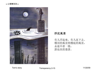 浮沈風景 有人浮起來，有人沈下去。 樓頂的風景與樓底的風景， 永遠不會一樣， 誰也別羨慕誰。 