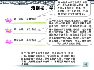 活到老，学到老
第一阶段、“储蓄”阶段
第二阶段、“消化”阶段
第三阶段、“升华”阶段
这三个阶段不是分开进行的，而是同时进行，螺旋上
升的。随着时间的推移，知识的积累，相信我们看问
题的高度会不断提高，抓住事物的本质，不断的完善
自我，找准超越自我的突破口，不断的提升自己的综
合素养。
这一阶段的学习应采用“鲸吞
式”。无论是哪方面的知识，都
应该大量的阅读、积累，不一
定理解，但一定要了解，为后
续阶段的学习作知识储备。
这一阶段的学习应采用“反刍式”。当知识
储备达到一定的量后，把以前所积累的知
识再反思、再消化，就像牛吃草一样，汲
取精华，舍其糟粕，很自然的就会使各个
相关学科的知识融会贯通。
这一阶段的学习应是批判式的。对所掌握
的知识不盲从，不人云亦云，应多想一想
这样是否正确？是不是适合我？还有没有
其他的理解？融入自己的见解，在实践中
加以检验，不断的反思、修正，最终使所
学知识成为自己的思想。
 
