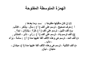 1)‫كان‬ ‫إن‬‫ماقبلها‬‫ا‬ً‫ح‬‫مفتو‬:َ‫بدهاا‬ ‫مما‬ ‫ــ‬َ‫ــ‬‫ــــــــ‬:
‫أ‬)‫ألف‬ ‫على‬ ‫ترسم‬ ، ‫صحيح‬ ‫حرف‬[‫أ‬: ]‫ب‬َ‫أ‬َ‫ت‬‫اك‬ ، ‫خر‬َ‫أ‬َ‫ت‬‫ي‬ ، ‫ل‬َ‫أ‬َ‫س‬.
‫ب‬)‫ألف‬ ‫على‬ ‫ترسم‬ ، ‫اثنين‬ ‫ألف‬[‫أ‬: ]، ‫ا‬َ‫أ‬َ‫قر‬‫ان‬َ‫َأ‬‫ش‬‫ين‬‫ا‬َ‫َأ‬‫ه‬‫اب‬ ،.
‫ج‬)‫ألف‬ ‫على‬ ‫ترسم‬ ، ً‫ء‬‫يا‬ ‫ترسم‬ ‫ألف‬[‫أ‬: ]، ‫ى‬َ‫أ‬َ‫ن‬ ، ‫ى‬َ‫أ‬َ‫ر‬َ‫أ‬َ‫ت‬‫المن‬‫ى‬.
‫د‬)‫مهة‬ ‫عليها‬ ‫ألفا‬ ‫األلف‬ ‫ماذه‬ ‫اي‬ ‫ترسم‬ ، ‫المه‬ ‫ألف‬[‫آ‬: ]، ‫آمة‬َ‫س‬‫آء‬َ‫ر‬ُ‫ب‬
،‫آب‬َ‫م‬.
‫ه‬)‫مهة‬ ‫عليها‬ ‫ألفا‬ ‫األلف‬ ‫ماذه‬ ‫اي‬ ‫ترسم‬ ، ‫التثنية‬ ‫ألف‬[‫آ‬:]، ‫َآن‬‫ه‬‫مبت‬
‫نبآن‬ ، ‫آن‬َ‫ج‬‫مل‬.
‫المفتوح‬ ‫المتوسطة‬ ‫الهمزة‬‫ة‬
 