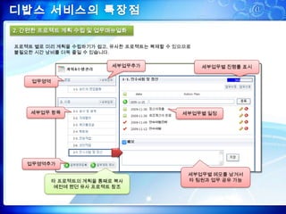 디밥스 서비스의 특장점2. 간편한 프로젝트 계획 수립 및 업무매뉴얼화프로젝트 별로 미리 계획을 수립하기가 쉽고, 유사한 프로젝트는 복제할 수 있으므로불필요한 시간 낭비를 더욱 줄일 수 있습니다.세부업무추가세부업무별 진행률 표시업무영역세부업무 항목세부업무별 일정업무영역추가세부업무별 메모를 남겨서 타 팀원과 업무 공유 가능타 프로젝트의 계획을 통째로 복사예전에 했던 유사 프로젝트 참조