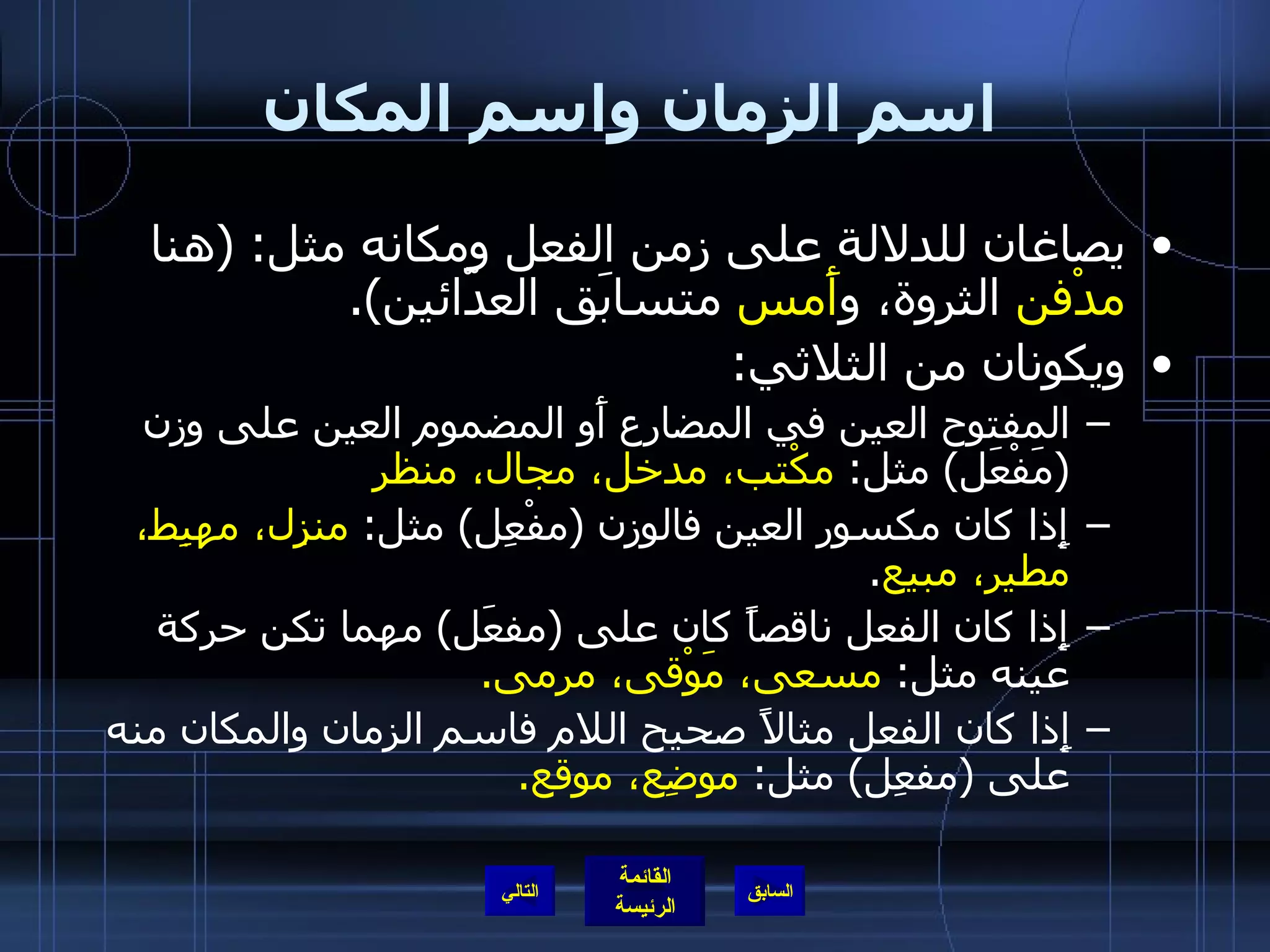 اسم الزمان واسم المكان يصاغان للدلالة على زمن الفعل ومكانه مثل : ( هنا  مدْفن  الثروة، و أَمس  متسابَق العدّائين ). ويكونان من الثلاثي : المفتوح العين في المضارع أَو المضموم العين على وزن  ( مَفْعَل )  مثل :  مكْتب، مدخل، مجال، منظر إِذا كان مكسور العين فالوزن  ( مفْعِل )  مثل :  منزِل، مهبِط، مطير، مبيع . إِذا كان الفعل ناقصاً كان على  ( مفعَل )  مهما تكن حركة عينه مثل :  مسعى، مَوْقى، مرمى . إِذا كان الفعل مثالاً صحيح اللام فاسم الزمان والمكان منه على  ( مفعِل )  مثل :  موضِع، موقع . التالي 