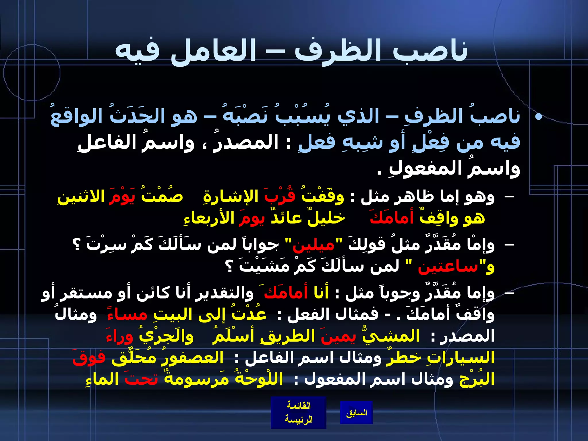 ناصب الظرف – العامل فيه ناصبُ الظرفِ – الذي يُسُبْبُ نَصْبَهُ – هو الحَدَثُ الواقعُ  فيه من فِعْلٍ أو شِبهِ فعلٍ   :  المصدرُ ، واسمُ الفاعلِ واسمُ المفعولِ  . وهو إما ظاهر مثل  :  وقَفْتُ  قُرْبَ  الإشارةِ      صُمْتُ  يَوْمَ  الاثنينِ   هو واقِفٌ  أمامَكَ   خليلٌ عائدٌ  يومَ  الأربعاءِ وإمْا مُقَدَّرٌ مثلُ قولِكَ   &quot; ميلين &quot;  جواباً لمن سَألَكَ كَمْ سِرْتَ ؟  و &quot; ساعتين   &quot;  لمن سألَكَ كَمْ مَشَيْتَ ؟  وإما مُقَدَّرٌ وجوباً مثل  :  أنا  أمامَك َ  والتقدير أنا كائن أو مستقر أو واقفٌ أمامَكَ  . -  فمثال الفعل  :   عُدْتُ إلى البيتِ  مساءً     ومثالُ المصدرِ  :   المشيُّ  يمينَ  الطريقِ أسْلَمُ      والَجرْيُ  وراءَ  السياراتِ خطرٌ  ومثال اسم الفاعل  :   العصفورُ مُحَلّقٌ  فوقَ  البُرْج  ومثال اسم المفعول  :   اللْوحْةُ مَرسومةٌ  تحتَ  الماءِ   