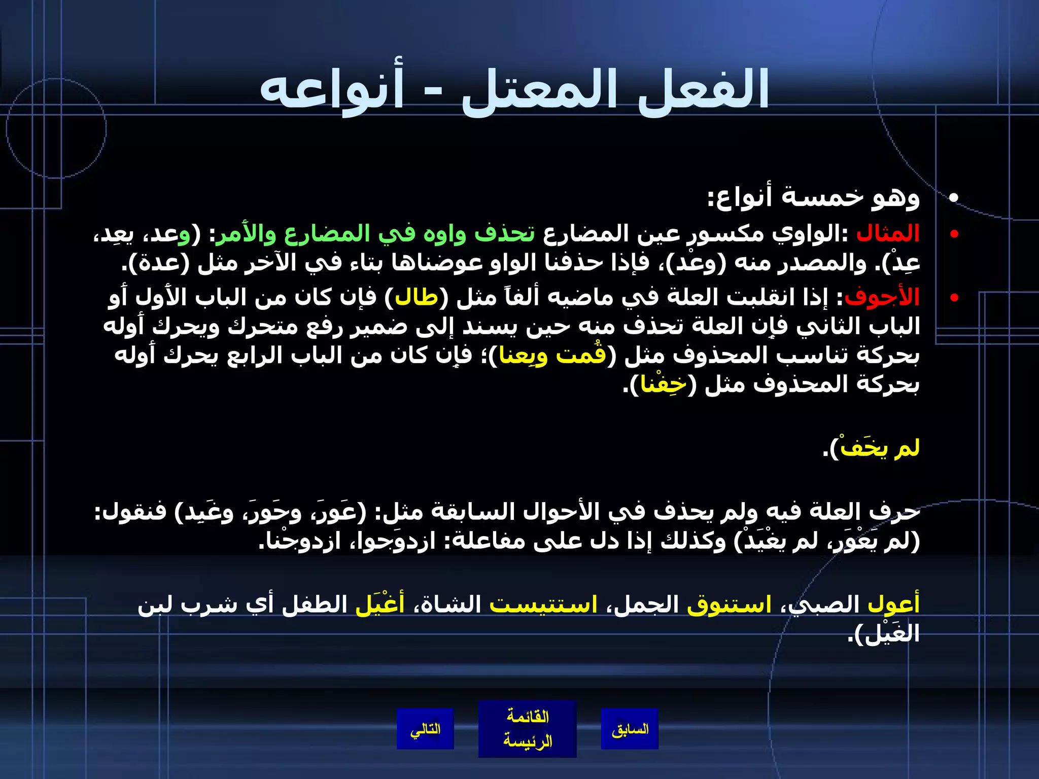 الفعل المعتل  -  أنواعه وهو خمسة أنواع : المثال   : الواوي مكسور عين المضارع  تحذف واوه في المضارع والأَمر : ( و عد، يعِد، عِدْ ).  والمصدر منه  ( وعْد ) ، فإذا حذفنا الواو عوضناها بتاء في الآخر مثل  ( عدة ). الأجوف :  إذا انقلبت العلة في ماضيه ألفاً مثل  ( طال )  فإن كان من الباب الأَول أَو الباب الثاني فإِن العلة تحذف منه حين يسند إلى ضمير رفع متحرك ويحرك أَوله بحركة تناسب المحذوف مثل  ( قُمت وبِعنا ) ؛ فإِن كان من الباب الرابع يحرك أَوله بحركة المحذوف مثل  ( خِفْنا ). وإِذا صيغ منه فعل الأَمر أَو جزم مضارعه حذف حرف العلة مثل : ( قُمْ، بِعْ، خَفْ، لم يقُمْ، لم يخَفْ ). هذا وإذا كان الأَجوف صفته المشبهة على  ( أَفعل )  مثل  ( أَعور، أَغيد، أَحور )  لم يغير حرف العلة فيه ولم يحذف في الأحوال السابقة مثل : ( عَوِرَ، وحَوِرَ، وغَيِد )  فنقول : ( لم يَعْوَر، لم يغْيَدْ )  وكذلك إذا دل على مفاعلة :  ازدوَجوا، ازدوجْنا . وما سمع من الأجوف تصحيح العلة فيه يلتزم ولا يقاس عليه مثل : ( أغيمت  السماء،  أعول  الصبي،  استنوق  الجمل،  استتيست  الشاة،  أغْيَل  الطفل أي شرب لبن الغَيْل ). التالي 