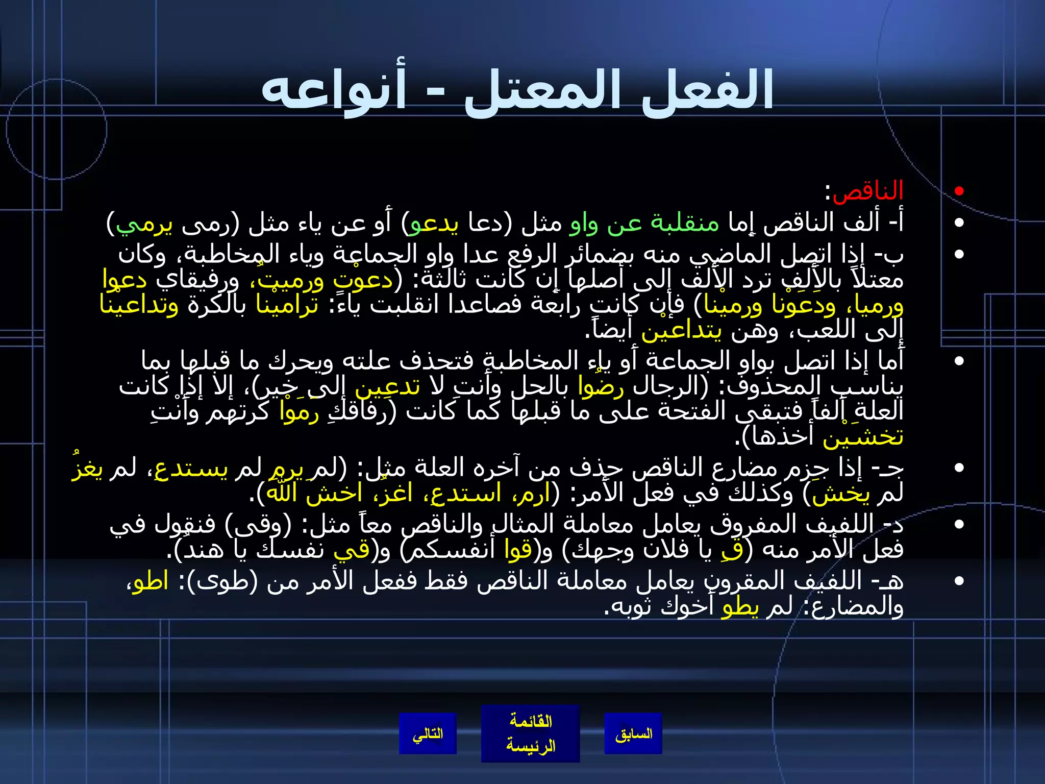 الفعل المعتل  -  أنواعه الناقص : أ -  ألف الناقص إِما  منقلبة عن واو  مثل  ( دعا  يدع و )  أَو عن ياء مثل  ( رمى  يرم ي ) ب -  إذا اتصل الماضي منه بضمائر الرفع عدا واو الجماعة وياء المخاطبة، وكان معتلاً بالأَلف ترد الأَلف إلى أصلها إِن كانت ثالثة : ( دعوْت ورميتُ،  ورفيقاي  دعوا ورميا، ودَعَوْنا ورميْنا )  فإن كانت رابعة فصاعدا انقلبت ياءً :  تراميْنا  بالكرة  وتداعيْنا  إلى اللعب، وهن  يتداعيْن  أيضاً . أَما إذا اتصل بواو الجماعة أَو ياء المخاطبة فتحذف علته ويحرك ما قبلها بما يناسب المحذوف : ( الرجال  رضُوا  بالحل وأَنتِ لا  تدعِين  إلى خير ) ، إلا إذا كانت العلة أَلفاً فتبقى الفتحة على ما قبلها كما كانت  ( رفاقكِ  رَمَوْا  كرتهم وأَنْتِ  تخشَيْن  أخذها ). جـ -  إذا جزم مضارع الناقص حذف من آخره العلة مثل : ( لم  يرمِ  لم  يستدعِ ، لم  يغزُ  لم  يخشَ )  وكذلك في فعل الأَمر : ( ارم، استدعِ، اغزُ، اخشَ الله ). د -  اللفيف المفروق يعامل معاملة المثال والناقص معاً مثل : ( وقى )  فنقول في فعل الأمر منه  ( قِ  يا فلان وجهك )  و ( قوا  أنفسكم )  و ( قي  نفسك يا هندُ ). هـ -  اللفيف المقرون يعامل معاملة الناقص فقط ففعل الأمر من  ( طوى ):  اطوِ ، والمضارع :  لم  يطوِ  أَخوك ثوبه . التالي 