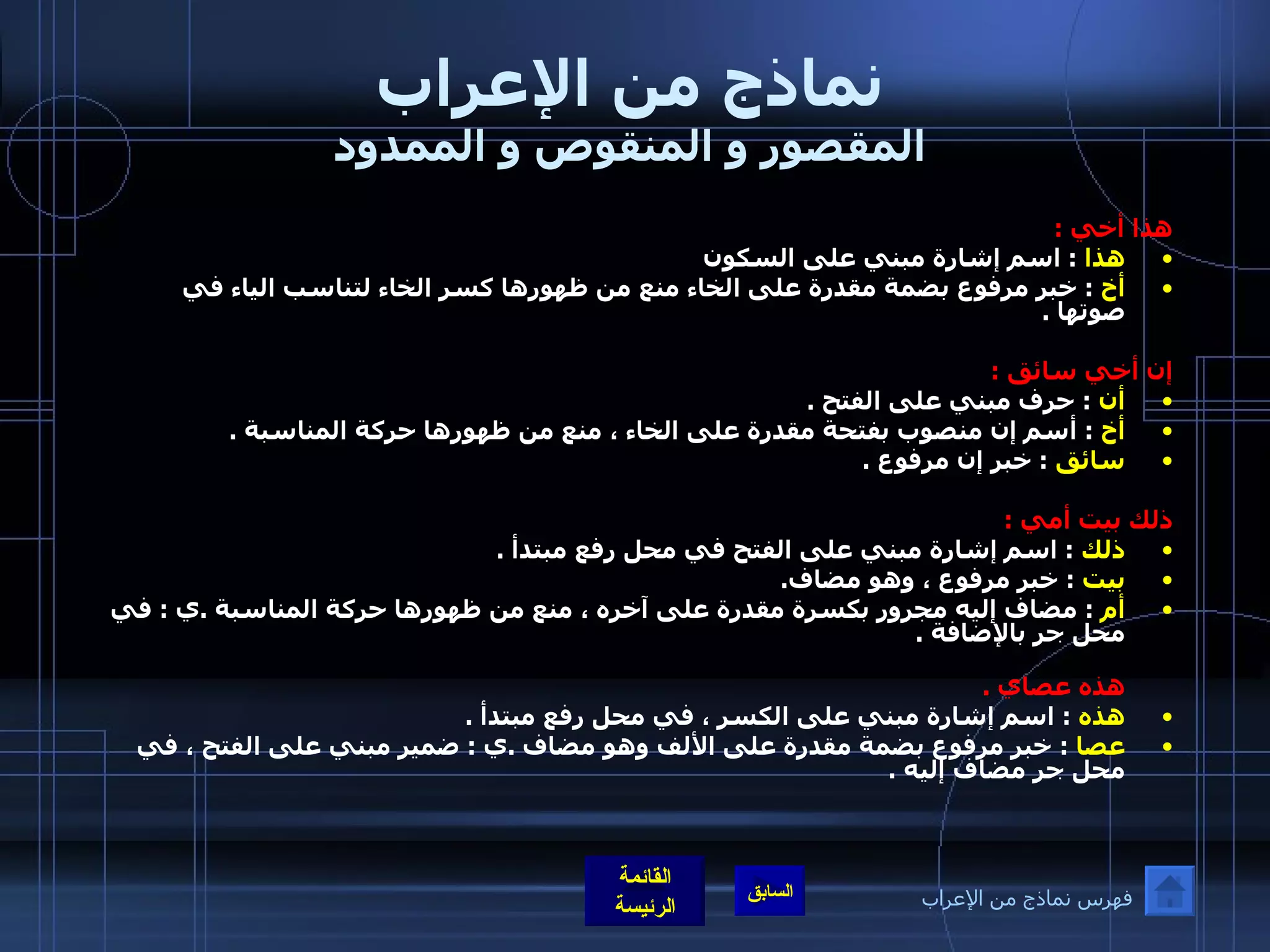 نماذج من الإعراب المقصور و المنقوص و الممدود هذا أخي  : هذا   :  اسم إشارة مبني على السكون  أخ   :  خبر مرفوع بضمة مقدرة على الخاء منع من ظهورها كسر الخاء لتناسب الياء في صوتها  .  إن أخي سائق  : أن  :  حرف مبني على الفتح  . أخ   :  أسم إن منصوب بفتحة مقدرة على الخاء ، منع من ظهورها حركة المناسبة  . سائق   :  خبر إن مرفوع  .  ذلك بيت أمي  : ذلك   :  اسم إشارة مبني على الفتح في محل رفع مبتدأ  . بيت   :  خبر مرفوع ، وهو مضاف . أم   :  مضاف إليه مجرور بكسرة مقدرة على آخره ، منع من ظهورها حركة المناسبة  . ي  :  في محل جر بالإضافة  .   هذه عصاي  . هذه   :  اسم إشارة مبني على الكسر ، في محل رفع مبتدأ  . عصا   :  خبر مرفوع بضمة مقدرة على الألف وهو مضاف  . ي  :  ضمير مبني على الفتح ، في محل جر مضاف إليه  . فهرس نماذج من الإعراب 