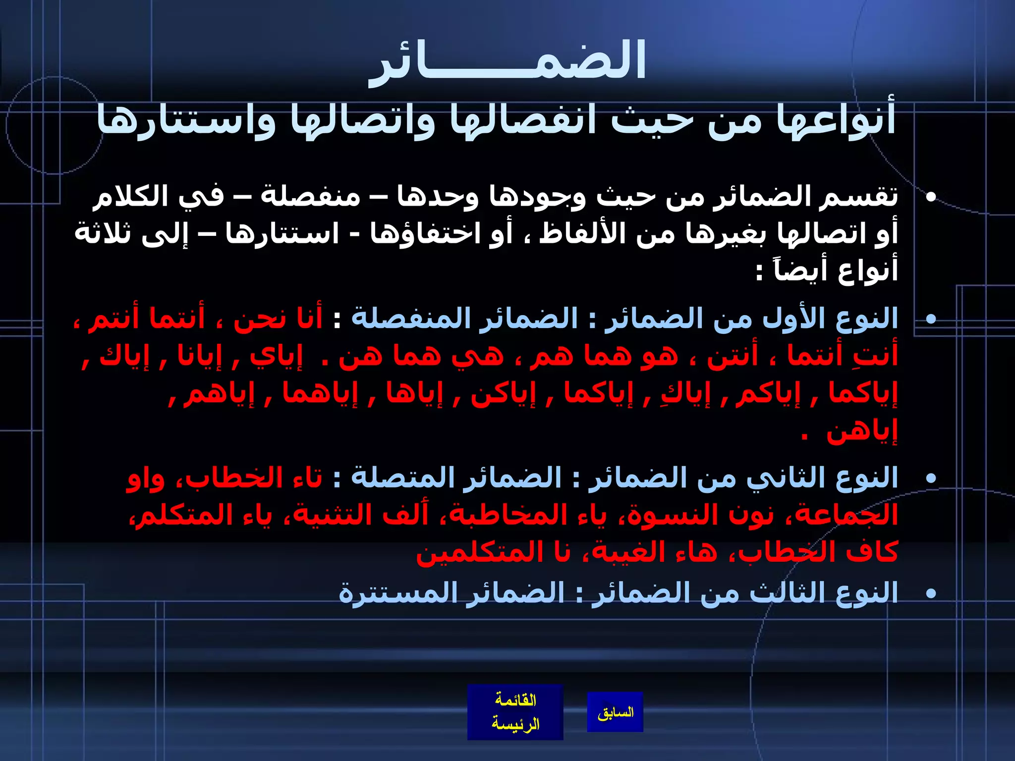 الضمـــــــائر     أنواعها من حيث انفصالها واتصالها واستتارها تقسم الضمائر من حيث وجودها وحدها – منفصلة – في الكلام أو اتصالها بغيرها من الألفاظ ، أو اختفاؤها  -  استتارها – إلى ثلاثة أنواع أيضاً  :  النوع الأول من الضمائر  :  الضمائر المنفصلة  :  أنا نحن ، أنتما أنتم ، أنتِ أنتما ، أنتن ، هو هما هم ، هي هما هن  .   إياي  ,  إيانا  ,  إياك  ,  إياكما  ,  إياكم  ,  إياكِ  ,  إياكما  ,  إياكن  ,  إياها  ,  إياهما  ,  إياهم  ,  إياهن   .   النوع الثاني من الضمائر  :  الضمائر المتصلة  :  تاء الخطاب، واو الجماعة، نون النسوة، ياء المخاطبة، أَلف التثنية، ياء المتكلم، كاف الخطاب، هاء الغيبة، نا المتكلمين النوع الثالث من الضمائر  :  الضمائر المستترة 