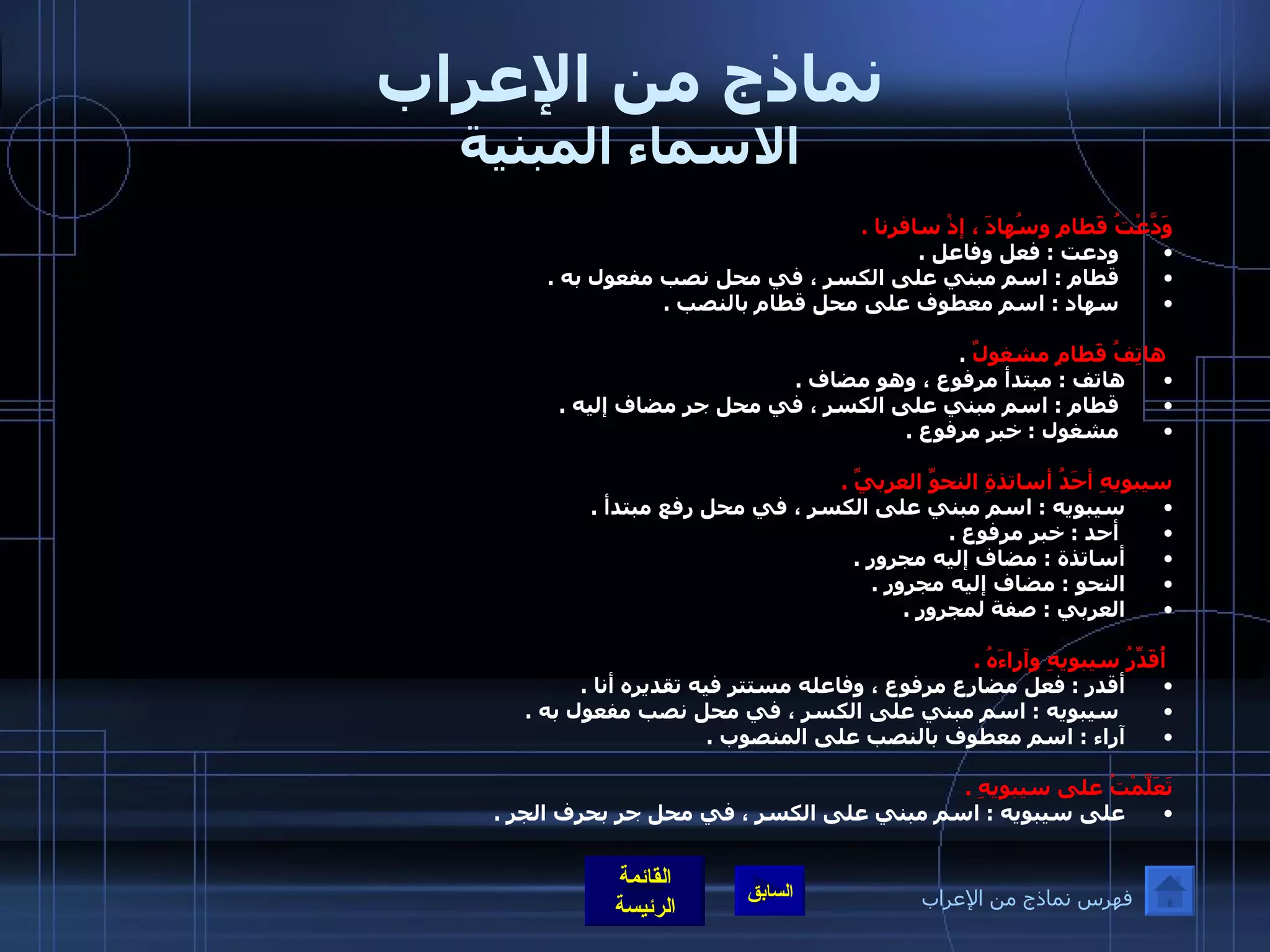 نماذج من الإعراب الاسماء المبنية وَدَّعْتُ قَطامِ وسُهادَ ، إذْ سافرنا  . ودعت  :  فعل وفاعل  . قطام  :  اسم مبني على الكسر ، في محل نصب مفعول به  . سهاد  :  اسم معطوف على محل قطام بالنصب  .     هاتِفُ قَطامِ مشغولٌ   .  هاتف  :  مبتدأ مرفوع ، وهو مضاف  . قطام  :  اسم مبني على الكسر ، في محل جر مضاف إليه  . مشغول  :  خبر مرفوع  .    سيبويهِ أحَدُ أساتذةِ النحوِّ العربيِّ  .   سيبويه  :  اسم مبني على الكسر ، في محل رفع مبتدأ  . أحد  :  خبر مرفوع  .  أساتذة  :  مضاف إليه مجرور  .  النحو  :  مضاف إليه مجرور  .  العربي  :  صفة لمجرور  .    أُقَدِّرُ سيبويهِ وآراءَهُ  .   أقدر  :  فعل مضارع مرفوع ، وفاعله مستتر فيه تقديره أنا  . سيبويه  :  اسم مبني على الكسر ، في محل نصب مفعول به  .  آراء  :  اسم معطوف بالنصب على المنصوب  .    تَعَلَّمْتُ على سيبويهِ  .   على سيبويه  :  اسم مبني على الكسر ، في محل جر بحرف الجر  .    فهرس نماذج من الإعراب 