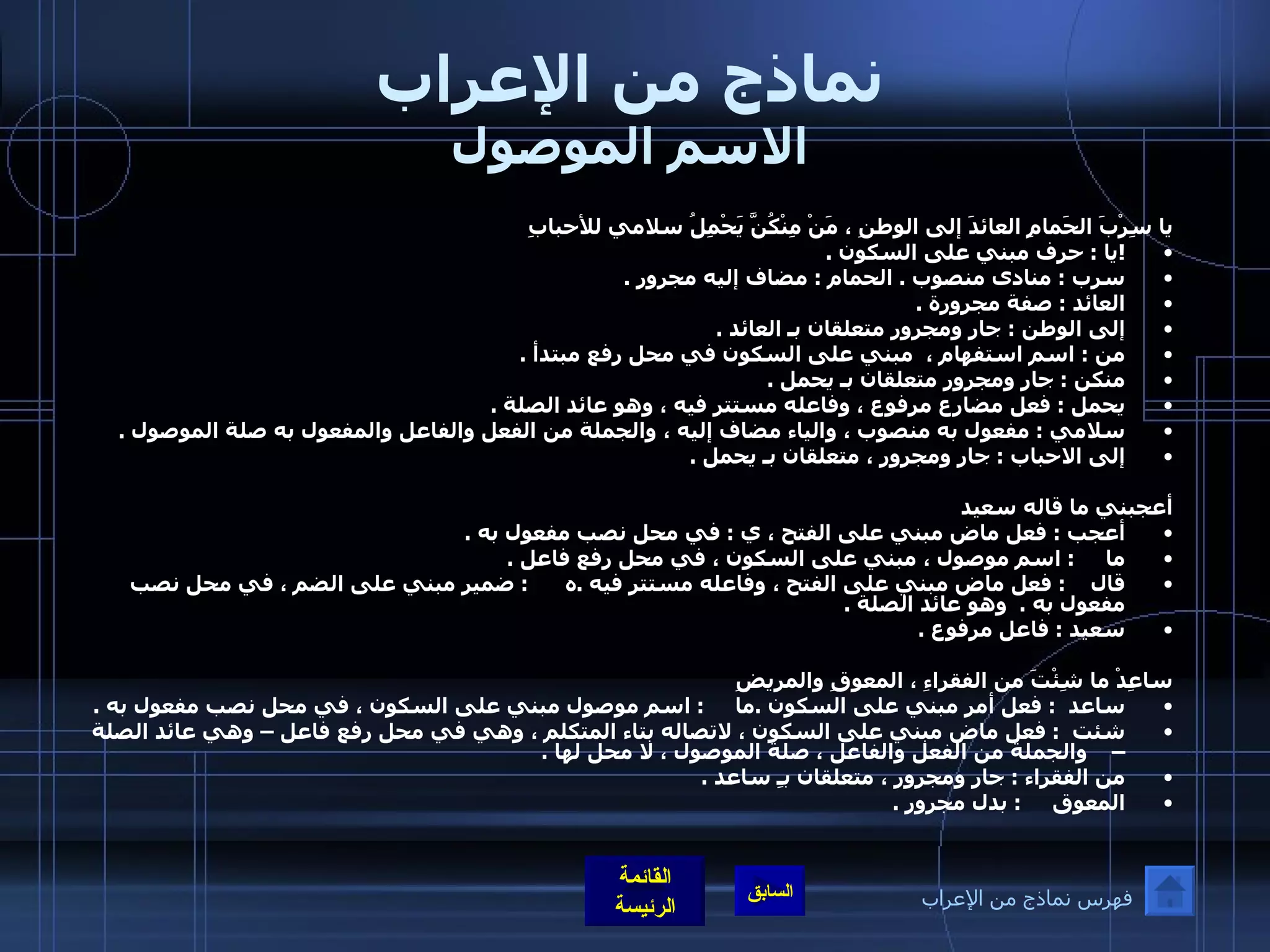 نماذج من الإعراب الاسم الموصول يا سِرْبَ الحَمامِ العائدَ إلى الوطنِ ، مَنْ مِنْكُنَّ يَحْمِلُ سلامي للأحبابِ  ! يا  :  حرف مبني على السكون  .  سرب  :  منادى منصوب  .  الحمام  :  مضاف إليه مجرور  .  العائد  :  صفة مجرورة  . إلى الوطن  :  جار ومجرور متعلقان بـ العائد  .  من  :  اسم استفهام ،  مبني على السكون في محل رفع مبتدأ  . منكن  :  جار ومجرور متعلقان بـ يحمل  .  يحمل  :  فعل مضارع مرفوع ، وفاعله مستتر فيه ، وهو عائد الصلة  .  سلامي  :  مفعول به منصوب ، والياء مضاف إليه ، والجملة من الفعل والفاعل والمفعول به صلة الموصول  .  إلى الاحباب  :  جار ومجرور ، متعلقان بـ يحمل  .    أعجبني ما قاله سعيد  أعجب  :  فعل ماض مبني على الفتح ، ي  :  في محل نصب مفعول به  .  ما      :  اسم موصول ، مبني على السكون ، في محل رفع فاعل  .  قال     :  فعل ماض مبني على الفتح ، وفاعله مستتر فيه  . ه       :  ضمير مبني على الضم ، في محل نصب مفعول به  .   وهو عائد الصلة  .  سعيد  :  فاعل مرفوع  .   ساعِدْ ما شِئْتَ من الفقراءِ ، المعوقِ والمريضِ ساعد   :  فعل أمر مبني على السكون  . ما      :  اسم موصول مبني على السكون ، في محل نصب مفعول به  . شئت   :  فعل ماض مبني على السكون ، لاتصاله بتاء المتكلم ، وهي في محل رفع فاعل – وهي عائد الصلة –    والجملة من الفعل والفاعل ، صلة الموصول ، لا محل لها  .  من الفقراء  :  جار ومجرور ، متعلقان بـِ ساعد  .  المعوق      :  بدل مجرور  .   فهرس نماذج من الإعراب 