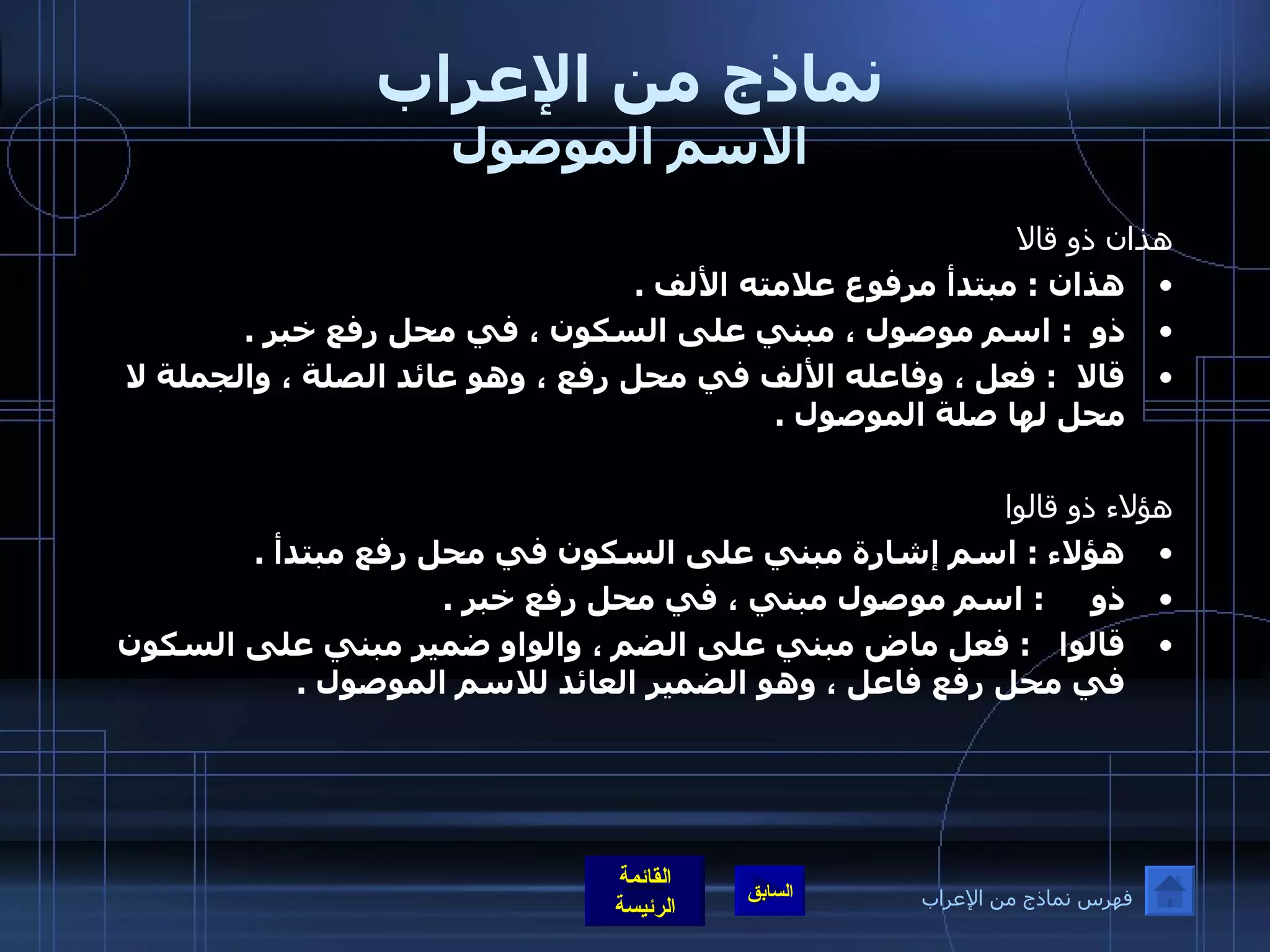 نماذج من الإعراب الاسم الموصول هذان ذو قالا هذان  :  مبتدأ مرفوع علامته الألف  .  ذو   :  اسم موصول ، مبني على السكون ، في محل رفع خبر  .  قالا   :  فعل ، وفاعله الألف في محل رفع ، وهو عائد الصلة ، والجملة لا محل لها صلة الموصول  .  هؤلاء ذو قالوا هؤلاء  :  اسم إشارة مبني على السكون في محل رفع مبتدأ  .  ذو      :  اسم موصول مبني ، في محل رفع خبر  .  قالوا    :  فعل ماض مبني على الضم ، والواو ضمير مبني على السكون في محل رفع فاعل ، وهو الضمير العائد للاسم الموصول  . فهرس نماذج من الإعراب 