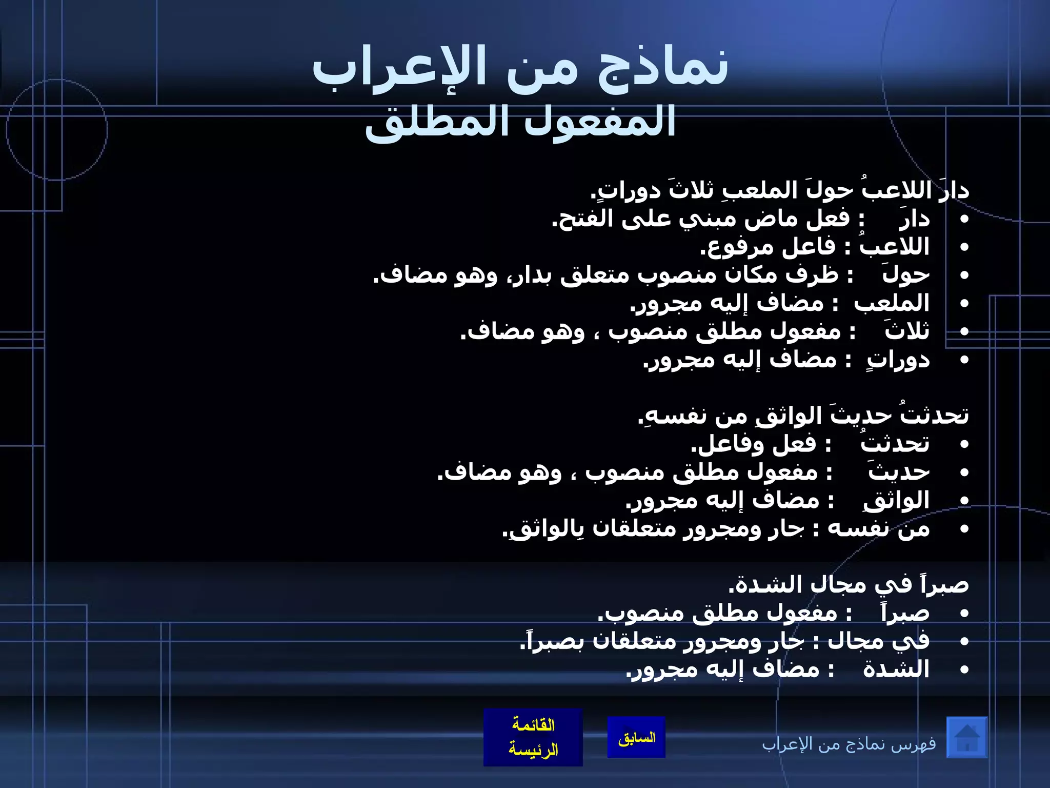 نماذج من الإعراب المفعول المطلق دارَ اللاعبُ حولَ الملعبِ ثلاثَ دوراتٍ . دارَ      :  فعل ماض مبني على الفتح . اللاعبُ  :  فاعل مرفوع . حولَ     :  ظرف مكان منصوب متعلق بدار، وهو مضاف . الملعب   :  مضاف إليه مجرور . ثلاثَ     :  مفعول مطلق منصوب ، وهو مضاف . دوراتٍ   :  مضاف إليه مجرور .  تحدثتُ حديثَ الواثقِ من نفسهِ . تحدثتُ     :  فعل وفاعل . حديثَ      :  مفعول مطلق منصوب ، وهو مضاف . الواثقِ     :  مضاف إليه مجرور . من نفسه  :  جار ومجرور متعلقان بِالواثقِ .    صبراً في مجال الشدة . صبراً     :  مفعول مطلق منصوب . في مجال  :  جار ومجرور متعلقان بصبراً . الشدة     :  مضاف إليه مجرور .  فهرس نماذج من الإعراب 