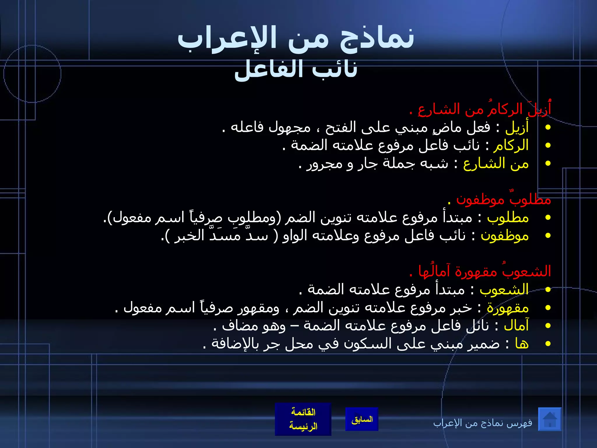 نماذج من الإعراب نائب الفاعل أُزيلَ الركامُ من الشارعِ  . أزيل   :  فعل ماضٍ مبني على الفتح ، مجهول فاعله  . الركام   :  نائب فاعل مرفوع علامته الضمة  . من الشارع   :  شبه جملة جار و مجرور  .   مطلوبٌ موظفون   . مطلوب   :  مبتدأ مرفوع علامته تنوين الضم  ( ومطلوب صرفياً اسم مفعول ). موظفون   :  نائب فاعل مرفوع وعلامته الواو  (  سدَّ مَسَدَّ الخبرِ  ).   الشعوبُ مقهورة آمالُها  . الشعوب   :  مبتدأ مرفوع علامته الضمة  . مقهورة   :  خبر مرفوع علامته تنوين الضم ، ومقهور صرفياً اسم مفعول  . آمال   :  نائل فاعل مرفوع علامته الضمة – وهو مضاف  . ها   :  ضمير مبني على السكون في محل جر بالإضافة  .   فهرس نماذج من الإعراب 