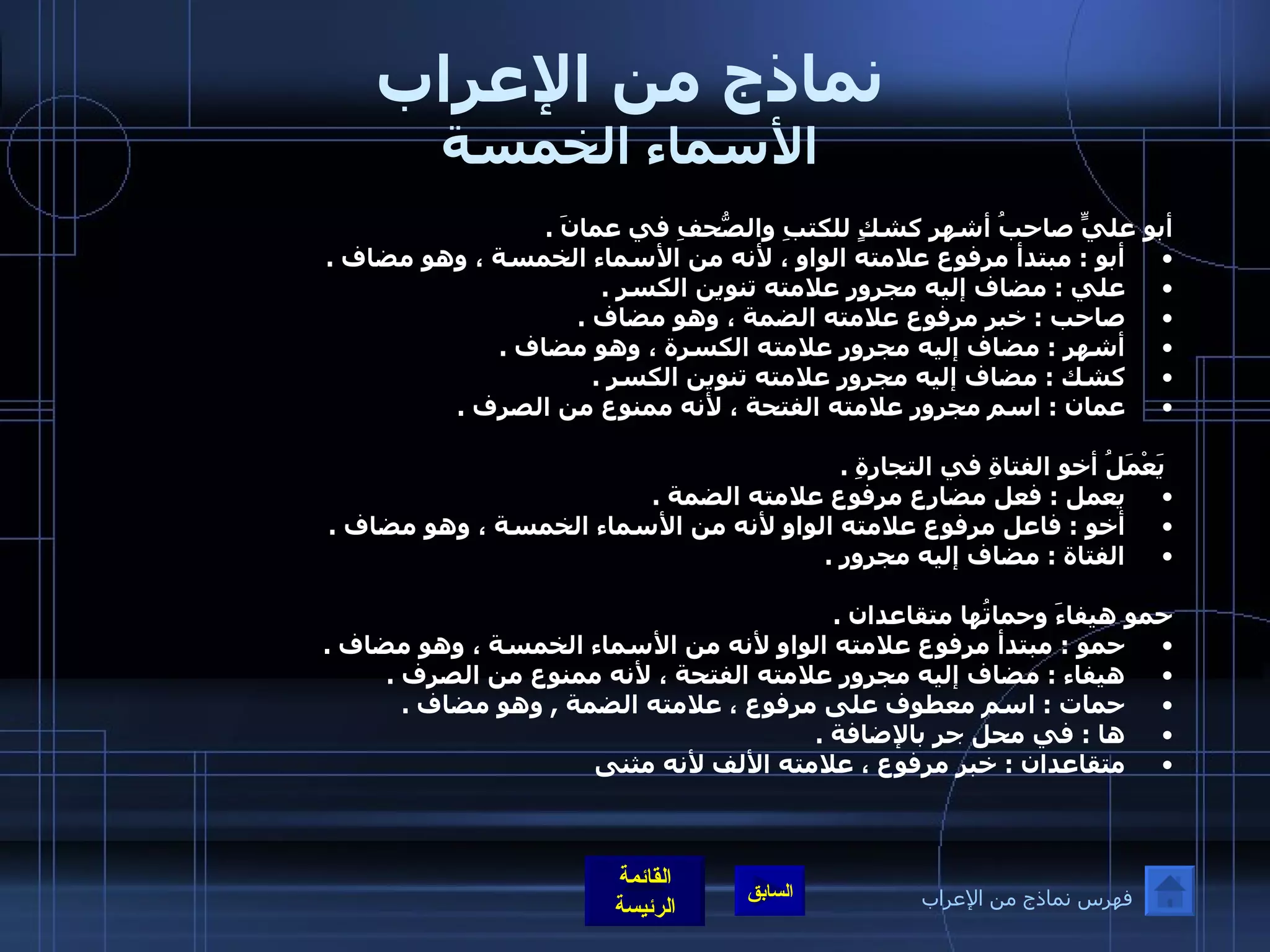 نماذج من الإعراب الأسماء الخمسة أبو عليٍّ صاحبُ أشهرِ كشكٍ للكتبِ والصُّحفِ في عمانَ  .  أبو  :  مبتدأ مرفوع علامته الواو ، لأنه من الأسماء الخمسة ، وهو مضاف  .  علي  :  مضاف إليه مجرور علامته تنوين الكسر  .  صاحب  :  خبر مرفوع علامته الضمة ، وهو مضاف  .  أشهر  :  مضاف إليه مجرور علامته الكسرة ، وهو مضاف  .  كشك  :  مضاف إليه مجرور علامته تنوين الكسر  .  عمان  :  اسم مجرور علامته الفتحة ، لأنه ممنوع من الصرف  .    يَعْمَلُ أخو الفتاةِ في التجارةِ  .  يعمل  :  فعل مضارع مرفوع علامته الضمة  .  أخو  :  فاعل مرفوع علامته الواو لأنه من الأسماء الخمسة ، وهو مضاف  .  الفتاة  :  مضاف إليه مجرور  .    حمو هيفاءَ وحماتُها متقاعدان  .  حمو  :  مبتدأ مرفوع علامته الواو لأنه من الأسماء الخمسة ، وهو مضاف  .  هيفاء  :  مضاف إليه مجرور علامته الفتحة ، لأنه ممنوع من الصرف  .  حمات  :  اسم معطوف على مرفوع ، علامته الضمة  ,  وهو مضاف  .  ها  :  في محل جر بالإضافة  .  متقاعدان  :  خبر مرفوع ، علامته الألف لأنه مثنى   فهرس نماذج من الإعراب 