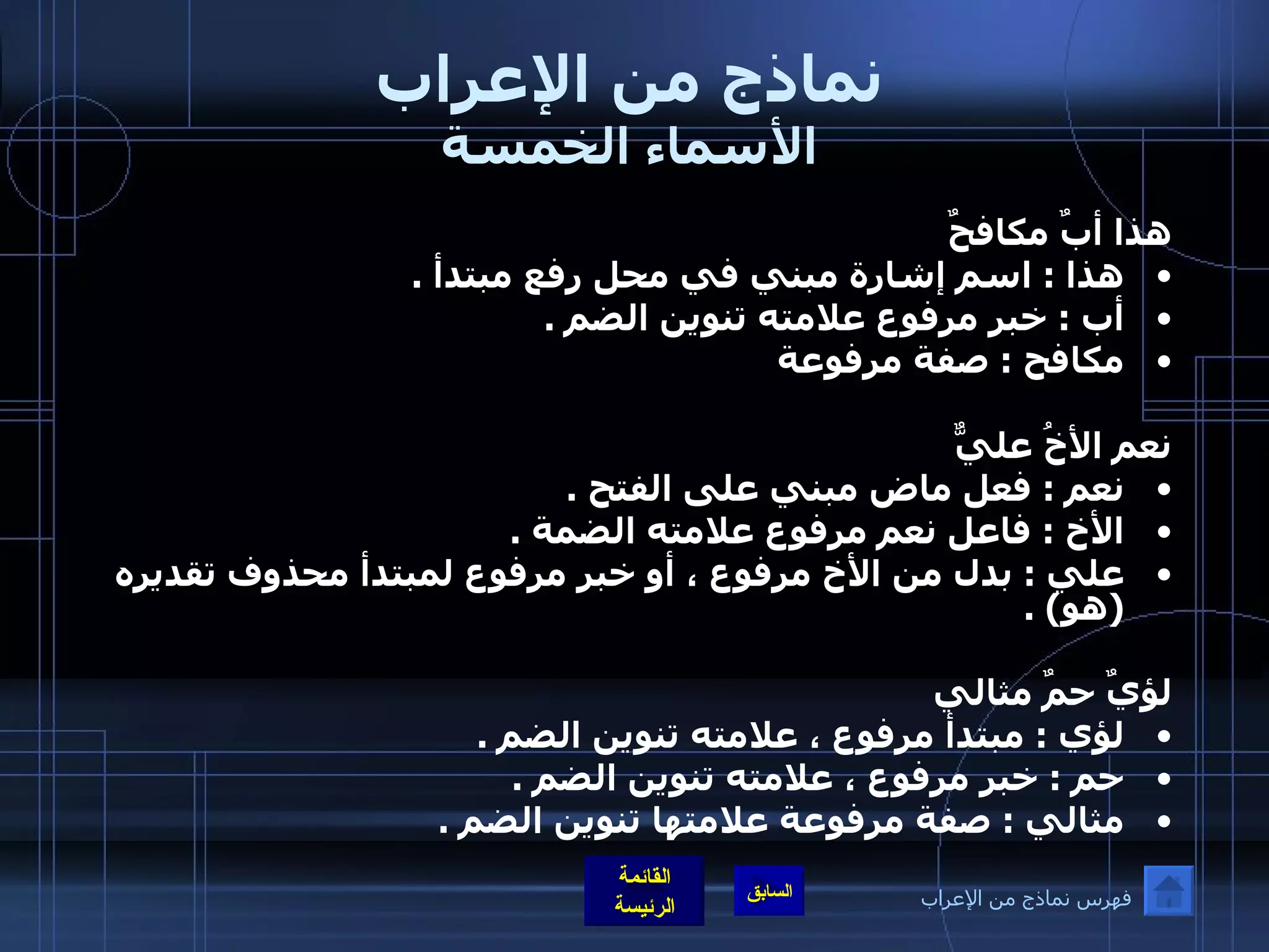 نماذج من الإعراب الأسماء الخمسة هذا أبٌ مكافحٌ  هذا  :  اسم إشارة مبني في محل رفع مبتدأ  .  أب  :  خبر مرفوع علامته تنوين الضم  .  مكافح  :  صفة مرفوعة   نعم الأخُ عليٌّ  نعم  :  فعل ماض مبني على الفتح  .  الأخ  :  فاعل نعم مرفوع علامته الضمة  .  علي  :  بدل من الأخ مرفوع ، أو خبر مرفوع لمبتدأ محذوف تقديره  ( هو ) .    لؤيٌ حمٌ مثالي  لؤي  :  مبتدأ مرفوع ، علامته تنوين الضم  .  حم  :  خبر مرفوع ، علامته تنوين الضم  .  مثالي  :  صفة مرفوعة علامتها تنوين الضم  .   فهرس نماذج من الإعراب 