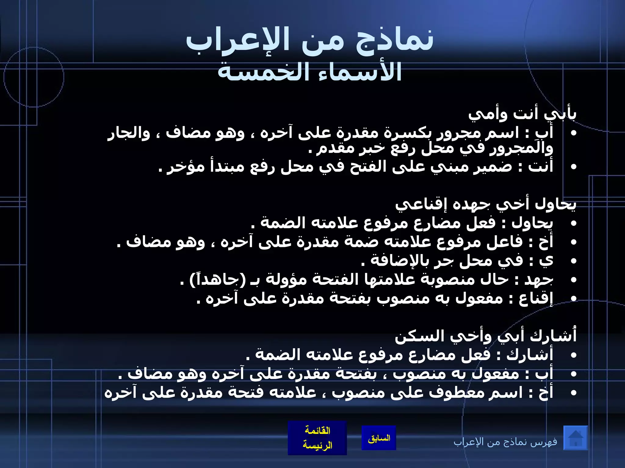 نماذج من الإعراب الأسماء الخمسة بأبي أنت وأمي  أبِ  :  اسم مجرور بكسرة مقدرة على آخره ، وهو مضاف ، والجار والمجرور في محل رفع خبر مقدم  .  أنت  :  ضمير مبني على الفتح في محل رفع مبتدأ مؤخر  .    يحاول أخي جهده إقناعي  يحاول  :  فعل مضارع مرفوع علامته الضمة  .  أخ  :  فاعل مرفوع علامته ضمة مقدرة على آخره ، وهو مضاف  .  ي  :  في محل جر بالإضافة  .  جهد  :  حال منصوبة علامتها الفتحة مؤولة بـ  ( جاهداً ) . إقناع  :  مفعول به منصوب بفتحة مقدرة على آخره  .    أُشارك أبي وأخي السكن  أشارك  :  فعل مضارع مرفوع علامته الضمة  .  أب  :  مفعول به منصوب ، بفتحة مقدرة على آخره وهو مضاف  .  أخ  :  اسم معطوف على منصوب ، علامته فتحة مقدرة على آخره   فهرس نماذج من الإعراب 