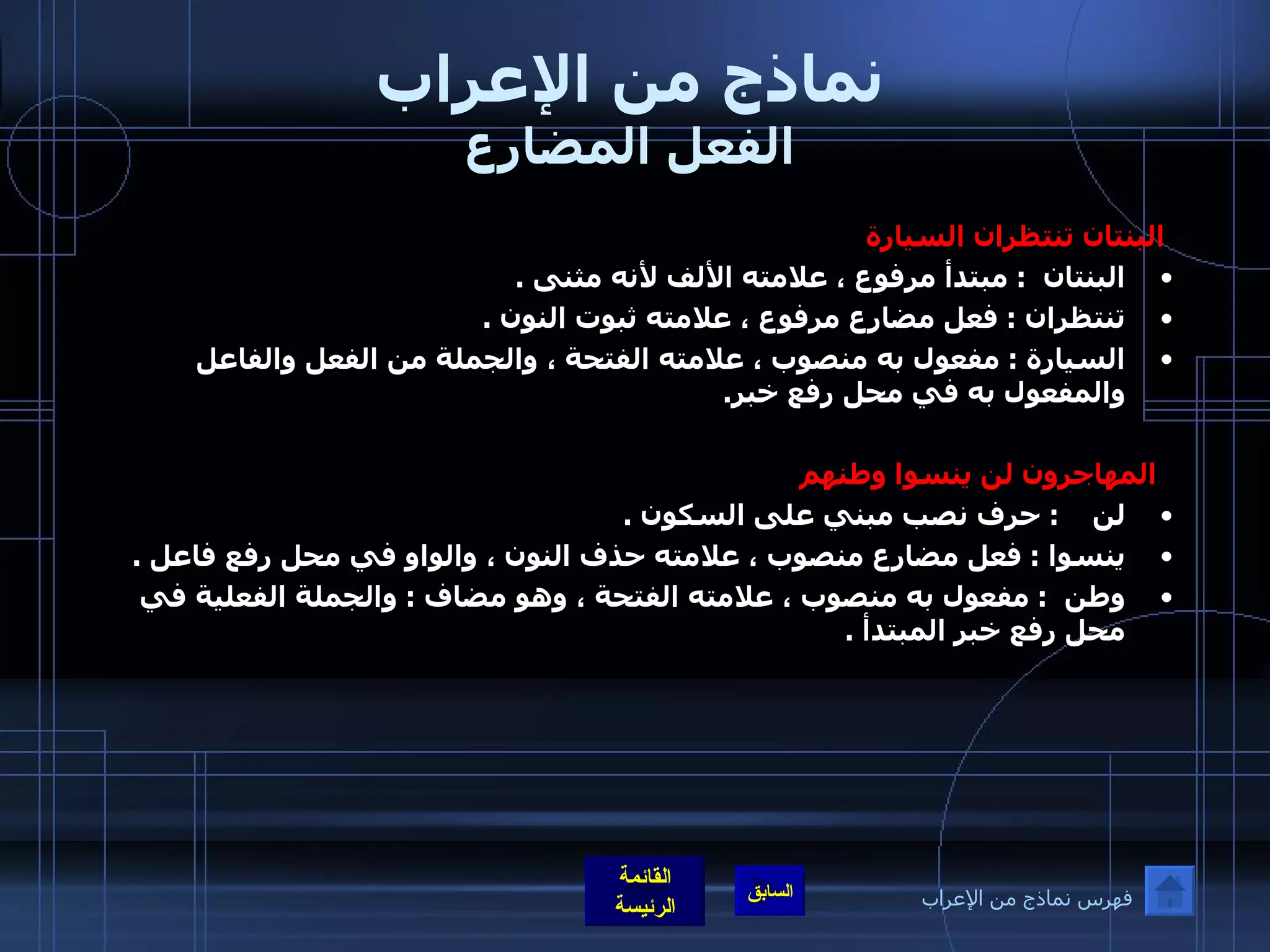 نماذج من الإعراب الفعل المضارع البنتان تنتظران السيارة البنتان   :  مبتدأ مرفوع ، علامته الألف لأنه مثنى  .  تنتظران  :  فعل مضارع مرفوع ، علامته ثبوت النون  .  السيارة  :  مفعول به منصوب ، علامته الفتحة ، والجملة من الفعل والفاعل والمفعول به في محل رفع خبر .  المهاجرون لن ينسوا وطنهم  لن     :  حرف نصب مبني على السكون  .  ينسوا  :  فعل مضارع منصوب ، علامته حذف النون ، والواو في محل رفع فاعل  .  وطن   :  مفعول به منصوب ، علامته الفتحة ، وهو مضاف  :  والجملة الفعلية في محل رفع خبر المبتدأ  .  فهرس نماذج من الإعراب 