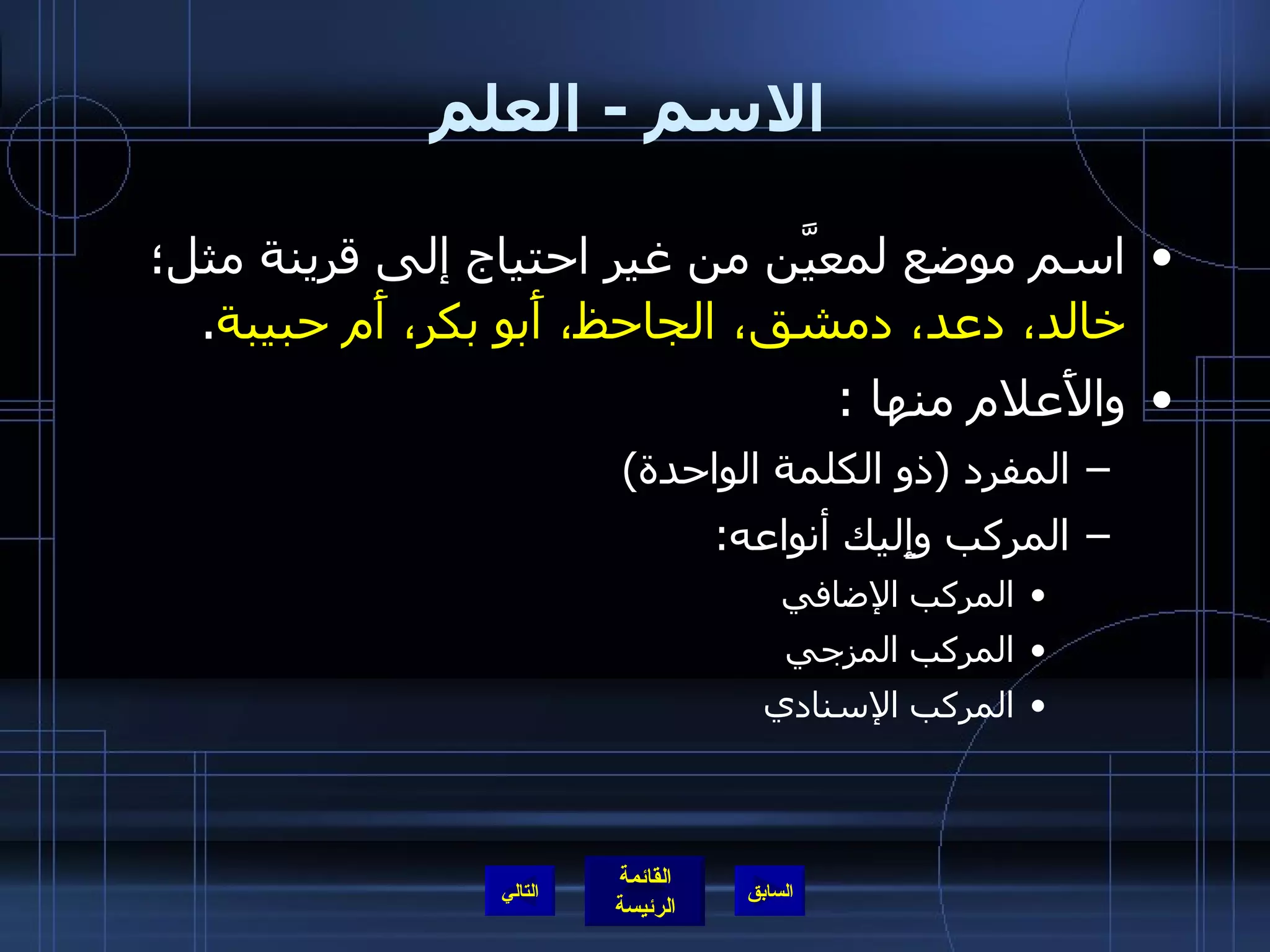 الاسم  -  العلم اسم موضع لمعيَّن من غير احتياج إلى قرينة مثل؛  خالد، دعد، دمشق، الجاحظ، أَبو بكر، أَم حبيبة . والأَعلام منها  : المفرد  ( ذو الكلمة الواحدة )  المركب وإِليك أنواعه : المركب الإضافي  المركب المزجي المركب الإسنادي التالي 