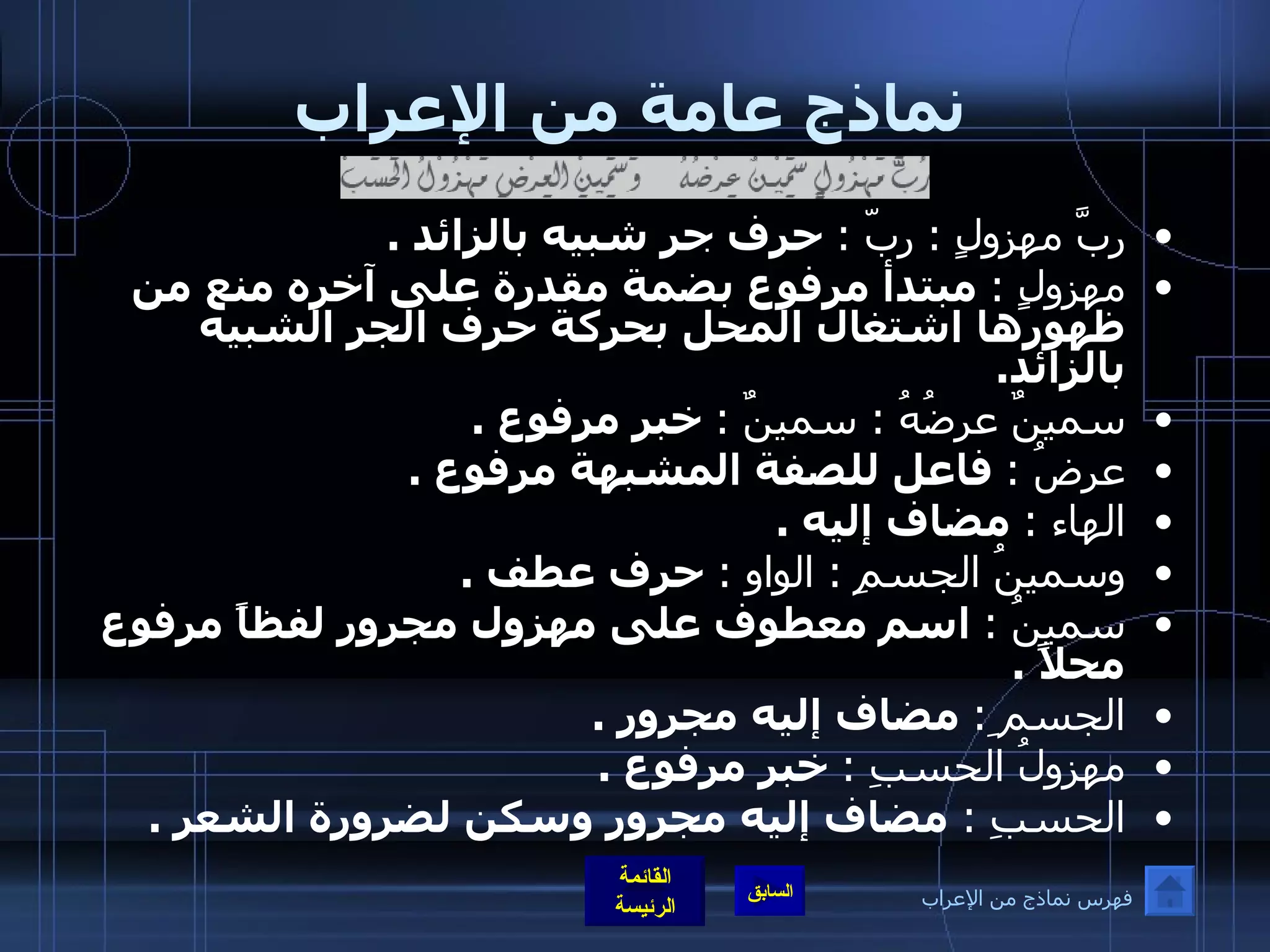 نماذج عامة من الإعراب ربَّ مهزولٍ  :  ربّ  :   حرف جر شبيه بالزائد  . مهزولٍ  :   مبتدأ مرفوع بضمة مقدرة على آخره منع من ظهورها اشتغال المحل بحركة حرف الجر الشبيه بالزائد . سمينٌ عرضُهُ  :  سمينٌ  :   خبر مرفوع  . عرضُ  :   فاعل للصفة المشبهة مرفوع  . الهاء  :   مضاف إليه  . وسمينُ الجسمِ  :  الواو  :   حرف عطف  . سمينُ  :   اسم معطوف على مهزول مجرور لفظاً مرفوع محلاً  . الجسم ِ :   مضاف إليه مجرور  . مهزولُ الحسبِ  :   خبر مرفوع  . الحسبِ  :  مضاف إليه مجرور وسكن لضرورة الشعر  . فهرس نماذج من الإعراب 