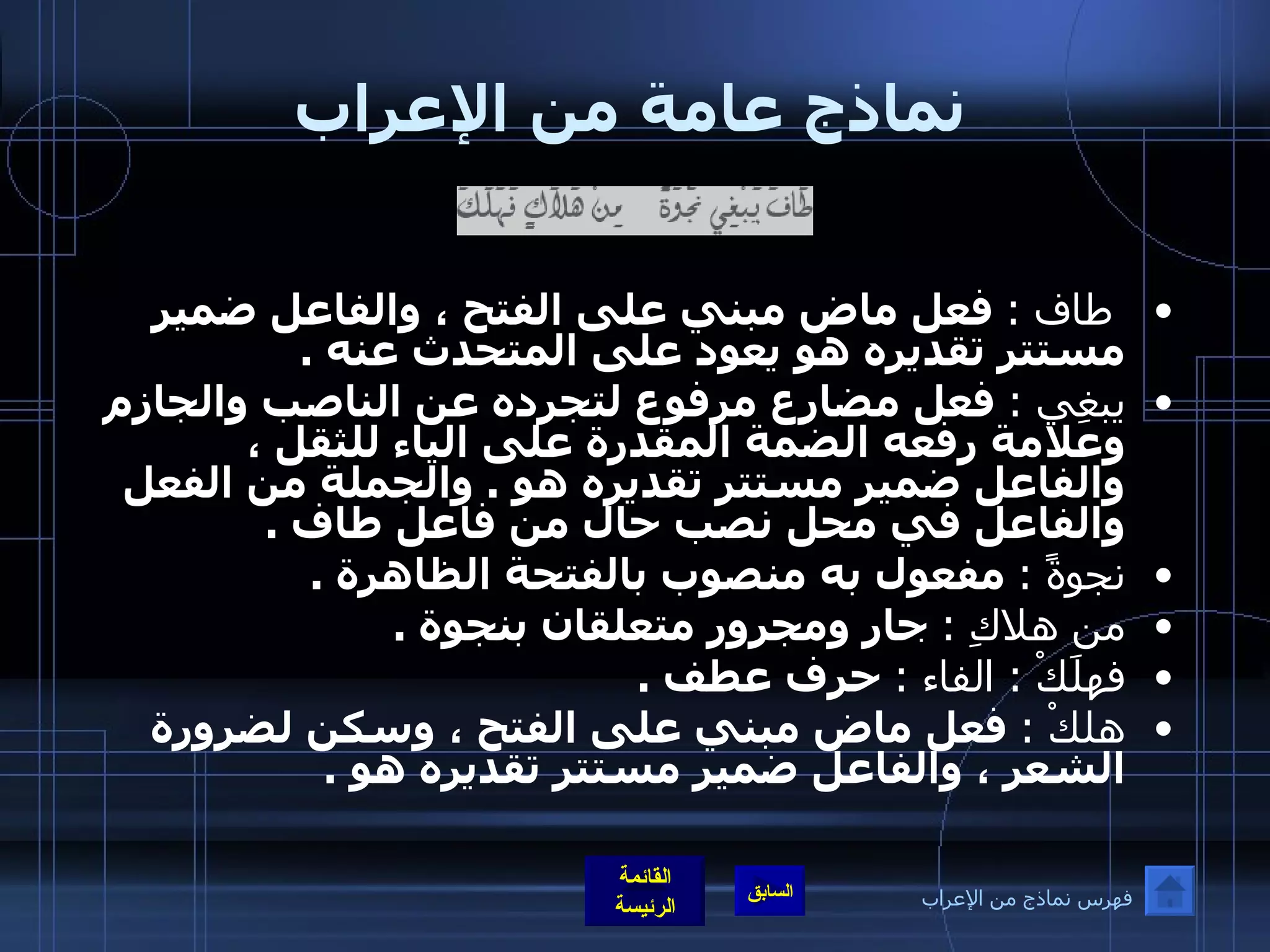 نماذج عامة من الإعراب طاف  :   فعل ماض مبني على الفتح ، والفاعل ضمير مستتر تقديره هو يعود على المتحدث عنه  . يبغِي  :   فعل مضارع مرفوع لتجرده عن الناصب والجازم وعلامة رفعه الضمة المقدرة على الياء للثقل ، والفاعل ضمير مستتر تقديره هو  .  والجملة من الفعل والفاعل في محل نصب حال من فاعل طاف  . نجوةً  :   مفعول به منصوب بالفتحة الظاهرة  . من هلاكِ  :   جار ومجرور متعلقان بنجوة  . فهلَكْ  :  الفاء  :   حرف عطف  . هلكْ  :   فعل ماض مبني على الفتح ، وسكن لضرورة الشعر ، والفاعل ضمير مستتر تقديره هو  . فهرس نماذج من الإعراب 