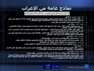 نماذج عامة من الإعراب ولا  :  الواو  :   حسب ما قبلها  . لا  :   نافية للجنس تدخل على المبتدأ والخبر فتعمل عمل الحروف المشبهة بالفعل  (  إلا أن اسمها يبنى على ما ينصب به في محل نصب إذا كان مفرداً أي لا مضافاً ولا شبيهاً بالمضاف  ) . خيرَ  :   اسم لا مبني على الفتح في محل نصب  . فيمنْ  :  في  :   حرف جر  . من  :   اسم موصول بمعنى الذي مبني على السكون في محل جر على أنه مجرور بفي ، والجار والمجرور متعلقان بخبر لا تقديره موجود  . ظلَّ  :   فعل ماض ناقص يدخل على المبتدأ والخبر ، يرفع الأول فيسمى اسمه وينصب الثاني فيسمى خبره ، واسمه ضميرمستتر تقديره هو يعود على من  . يبغِيْ  :   فعل مضارع مرفوع بالضمة المقدرة على الياء للثقل ، وفاعله ضمير مستتر تقديره هو يعود على من ، والجملة من الفعل والفاعل في محل نصب خبر ظل  . لنفسِهِ  :  اللام  :   حرف جر  . نفسِ  :   اسم مجرور باللام علامة جر كسر آخره ، وهو مضاف  . الهاء  :   ضمير مبني على الكسر في محل جر مضاف إليه  .  والجار والمجرور متعلقان بالفعل يبغي  . من الخيرِ  :   جار ومجرور بيان لمفعول يبغي وهو  (  ما  )  الموصولة  . ما لا  :  ما  :   اسم موصول مبني على السكون في محل نصب مفعول به للفعل يبغي  . لا  : حرف نفي  . يببتغيْ  :   فعل مضارع مرفوع بضمة مقدرة على الياء للثقل ، والفاعل ضمير مستتر تقديره هو يعود على الاسم الموصول من ، والمفعول به محذوف تقديره يبتغيه  (  وهو العائد  ) . لأخيهِ  :  اللام  :   حرف جر  . أخيهِ  :   اسم مجرور باللام وعلامة جره الياء لأنه من الأسماء الخمس ، وهو مضاف  . الهاء  :   ضمير مبني على الكسر في محل جر مضاف إليه  .  والجار والمجرور متعلقان بيبتغي وجملة لا يبتغيه لأخيه لا محل لها من الإعراب صلة الاسم الموصول  (  ما  ) .  والجملة المكونة من ظل واسمها وخبرها لا محل لها من الإعراب صلة الاسم الموصول  (  من  ) . فهرس نماذج من الإعراب 