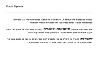 ‫‪Visual System‬‬




       ‫בספרם ‪ ,Delueze & Guattari ,A Thousand Plateaus‬מפתחים תיאוריה לגבי שתי סוגי‬
                         ‫סטרוקטורות שונות - האחת עשויה אבני יסוד הומוגניות והשנייה הטרוגניות‬

‫שתי הסטרוקטורות מקורן בדיאגראמות וירטואליות. המערכות הסטרוקטוראליות מקיימות בתוכן‬
                       ‫עיקרון איזומורפי )לקוח מעולם הכימיה והמתמטיקה( של יחסים בין אלמנטים‬

 ‫איזומורפיה מתארת את היכולת של שני אלמנטים ליצור קשר ביניהם ובו בעת כל אלמנט שומר על‬
                    ‫תכונותיו המקוריות כך שבעת ניתוק הקשר, שומר כל אלמנט על מצבו המקורי‬
 