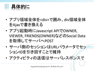 具体的に

• アプリ領域全体を<div>で囲み、div領域全体
  をAjaxで書き換える
• アプリ起動時にJavascript APIでOWNER,
  VIEWER, FRIENDS(OWNER)などのSocial Data
  を取得してサーバへPOST
• サーバ側のセッションはURLパラメータでセッ
  ションIDを引き回すことで維持
• アクティビティの送信はサーバレスポンスで
           Copyright(c)2009 Cyworks Inc. All Rights Reserved.
 