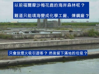 以前福爾摩沙梅花鹿的海岸森林呢 ? 難道只能填海變成化學工廠、煉鋼廠 ? 只會放煙火吸引遊客 ?  然後留下滿地的垃圾 ? 