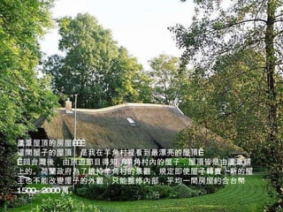 蘆葦屋頂的房屋     這間屋子的屋頂，是我在羊角村裡看到最漂亮的屋頂    回台灣後，由旅遊節目得知，羊角村內的屋子，屋頂皆是由蘆葦鋪上的。荷蘭政府為了維持羊角村的景觀，規定即使屋子轉賣，新的屋主也不能改變屋子的外觀，只能整修內部，平均一間房屋約合台幣 1500~2000 萬。 