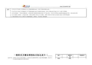说明   1.每月末 25 日由部门主管填报部门次月关键业绩指标达成卡，报至主管副总签批后返还。

     2.每月末 30 日由部门主管填报部门当月关键业绩指标达成卡中的情况完成总结，报至主管副总进行考核于次月 4 日报人力资源部。
     3.每月末的最后一个例会为考核时间，由绩效考核小组依照本表格对各部门当月进行评估，并结合日常考核记录依据各项指标进行评价，并给出相应分值。
     4.此于表报至上级领导，由其进行审核，审核后反馈给主管本人并予以确认。初核与审核后的分值作为月度部门及部门主管的考核成绩。
     5.考核后将此表于每月 4 日报至人力资源部逐级上上报核定，作为发放工资的依据。




       一般职员关键业绩指标目标达成卡（　　月）                             部门    填报时        考核得分
                                                               间
免责声明：本管理工具由中人网会员提供。中人网会对会员提供的管理工具进行筛选和编辑，但是并不声明或保证其内容的正确性或可靠性。该管理工具的版权属于提供者所有，
                                                   姓名          职务
      有关版权的问题请直接与提供者联系。
 