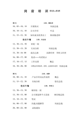 岗    前     培     训     5/13---5/15




第 1天                      主持：董桂君

10：05—10：10    开课致词              何副总裁

10：10—11：10    公司介绍              叶总

11：15—12：30    如何成为优秀员工          陈润敏老师

        快乐午餐        主持：冯总监


13：30—13：50    轻松一刻

13：50—15：20    行业分析            何副总裁

15：30—16: 00   成功之路          高静经理      李胜玉经理

16：00—17：00    复试------风采展示

17：10—17：15    工作安排              魏总

18：30—20：00    应聘总经理助理、讲师、总监职位说明           何副总裁


第 2天                     主持：高静

10：00—11：10    产品介绍及运作流程              魏总

11：15—12：30    市场分析                   徐亮总监

       快乐午餐               主持：李胜玉


13：30—13：50    板轻松一刻

13：50—15：00    公司规划和个人发展              林佳梅总助

15：10—15：50    笔试

16：00—17：00    沟通,问题解答                何副总裁

20：00—22：00    录取通知
 