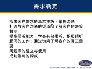 需求确定 探求客户需求的基本技巧：销售沟通 打通与客户沟通的渠道—了解客户的决策机制 提高倾听能力，学会有效倾听、积极倾听 顾问的工作：通过询问了解客户的真正需要 问题库的建立与使用 成功谈判的构成 