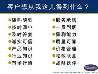 客户想从我这儿得到什么？ 随叫随到 按时回电 及时答复 诚实可信 产品知识 行业知识 市场行情 服务承诺 一贯到底 获利能力 质量可靠 价格合理 松散联营 战略伙伴 