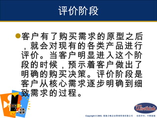 评价阶段 客户有了购买需求的原型之后，就会对现有的各类产品进行评价。当客户明显进入这个阶段的时候，预示着客户做出了明确的购买决策。评价阶段是客户从核心需求逐步明确到细致需求的过程。 