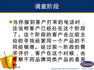 调查阶段 当你接到客户打来的电话时，这说明客户已经处在这个阶段了。这个阶段的客户会比较主动的寻找经营同一个产品的不同经销商。经过前一阶段的需求评价，客户在这个时候，会考察不同品牌同类产品的差异性。 