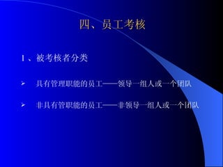 四、员工考核 1 、被考核者分类 具有管理职能的员工——领导一组人或一个团队 非具有管职能的员工——非领导一组人或一个团队 