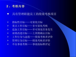 2 、考核内容 具有管理职能员工的绩效考核项目 指标性目标——可量化目标 重点工作目标——非可量化考核 追加工作目标——不可预见任务发生 业绩改进目标——上周期确认目标 工作行为与态度——绩效考核者评价 管理行为目标——绩效考核者评价 不良事故考核——事故按标准评定 