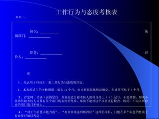 工作行为与态度考核表 附表二：       姓名：   所属部门：   职务：   评价人：      说  明   1 ．此表用于对员工一般工作行为与态度的评定。 2 ．本表所适用的考核周期一般为 12 个月，也可根据具体情况确定，但通常不低于 3 个月。 3 ．评定时，填满下面的空白，并且在适合被考核人的项目打上（√）记号，不能推测。如果不能确信被考核人员具有某个项目所表明的性质，那就不能对这个项目进行检查。因此，不同人所检查的项目数目不确定。 4 ．“对工作的技术能力强”、“对非常事态判断得好”这样的项目，只能在那个职务的性质上有必要时加以考虑。   