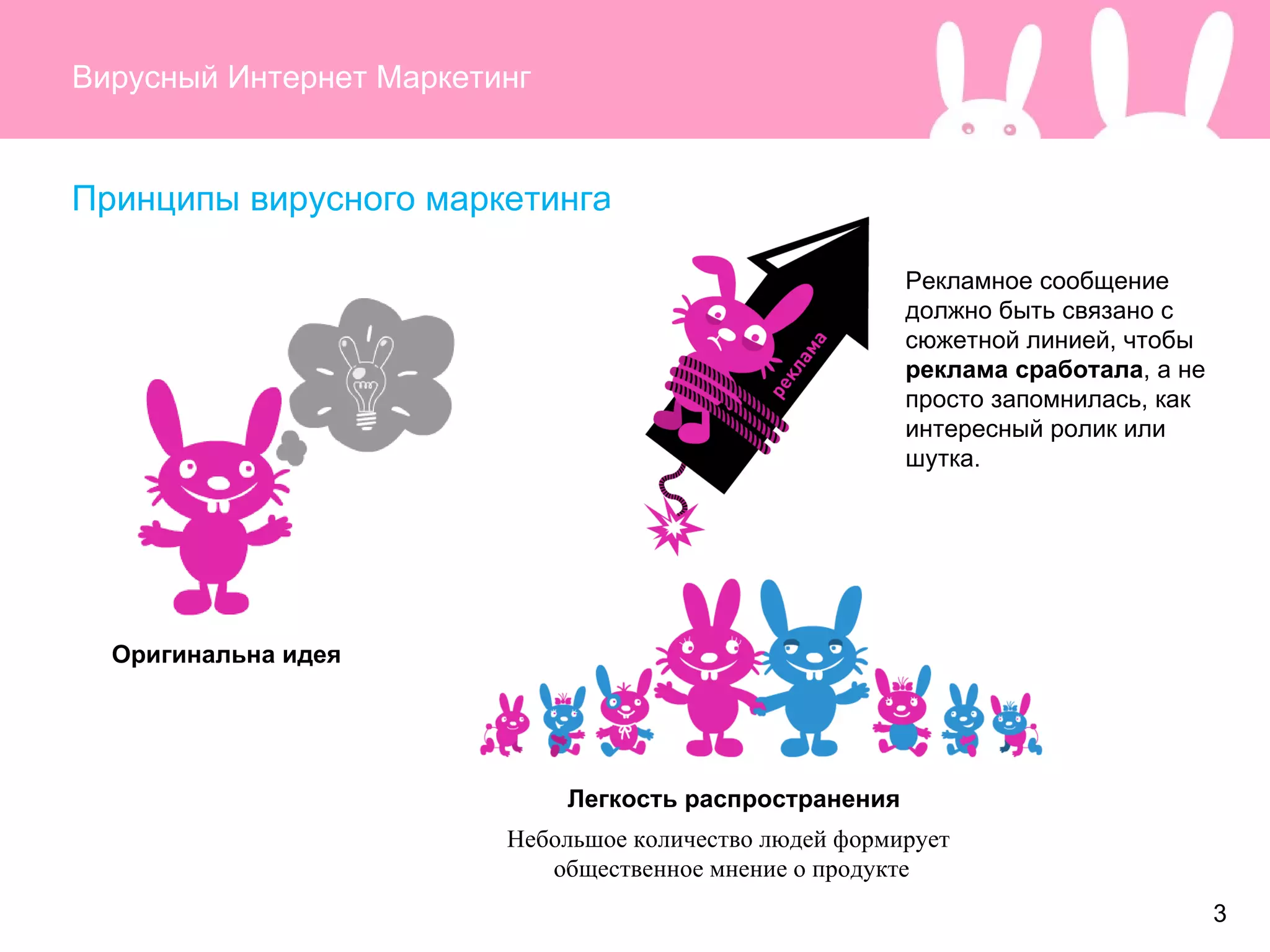 Вирусный Интернет Маркетинг Оригинальна идея  Принципы вирусного маркетинга Легкость распространения Рекламное сообщение должно быть связано с сюжетной линией, чтобы  реклама сработала , а не просто запомнилась, как интересный ролик или шутка. 3 Небольшое количество людей формирует  общественное мнение о продукте 