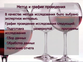 Метод и график проведения  В качестве метода исследования было выбрано экспертное интервью. График проведения исследования следующий: Подготовка развернутой программы исследования Сбор данных  Обработка данных Написание отчета 