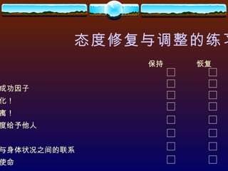 态度修复与调整的练习 保持  恢复 1 、翻面技巧  2 、充分运用成功因子 3 、简化！简化！ 4 、隔离！隔离！ 5 、把积极态度给予他人 6 、看好自己 7 、接受态度与身体状况之间的联系 8 、清楚你的使命 