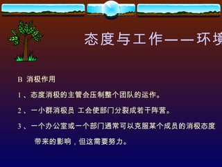 态度与工作——环境 B  消极作用 1 、态度消极的主管会压制整个团队的运作。 2 、一小群消极员 工会使部门分裂成若干阵营。 3 、一个办公室或一个部门通常可以克服某个成员的消极态度 带来的影响，但这需要努力。 